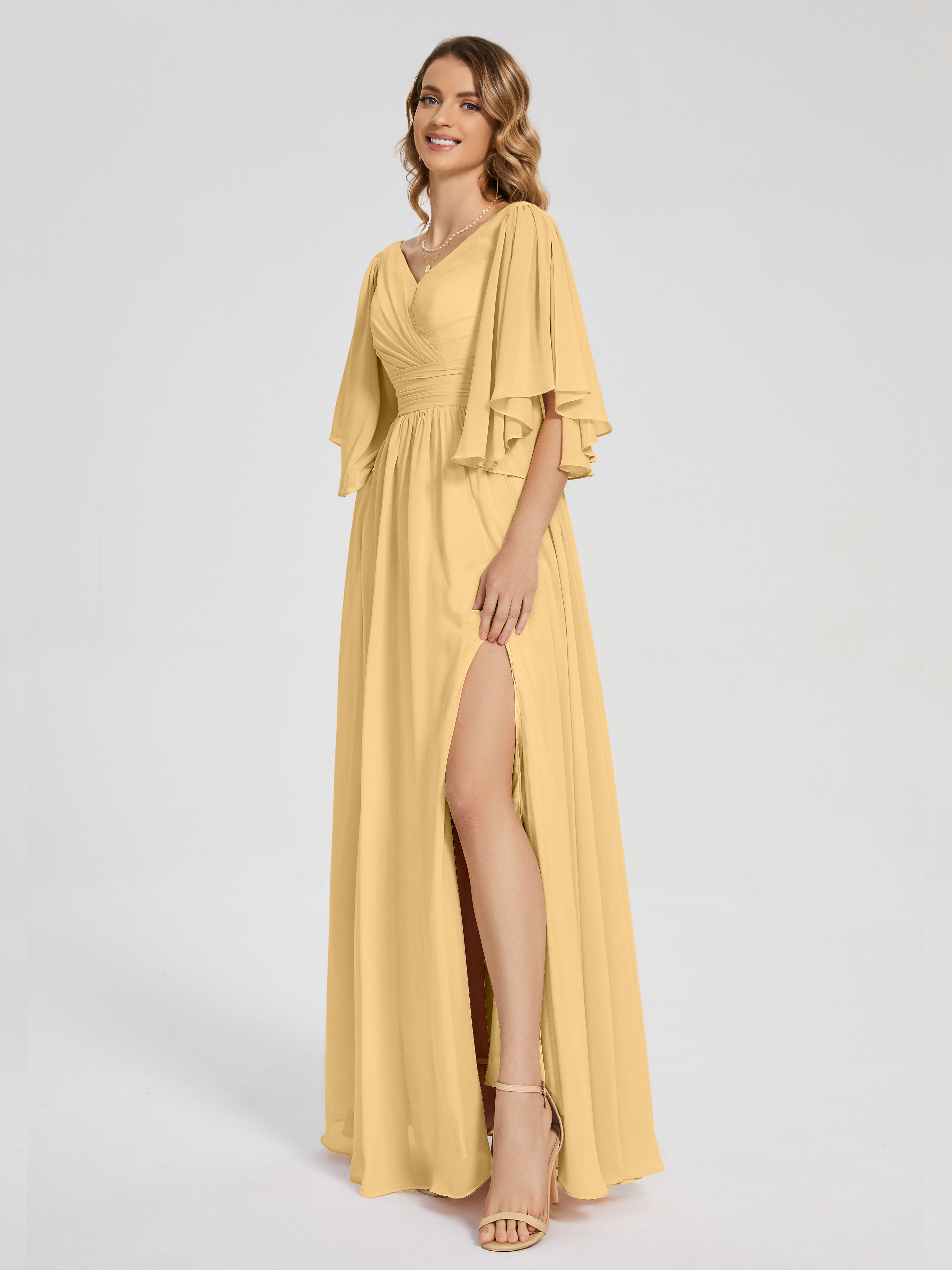 Robe De Demoiselle D Honneur Or Demi Manches Mousseline Robes Demoiselle D'Honneur À Lacet