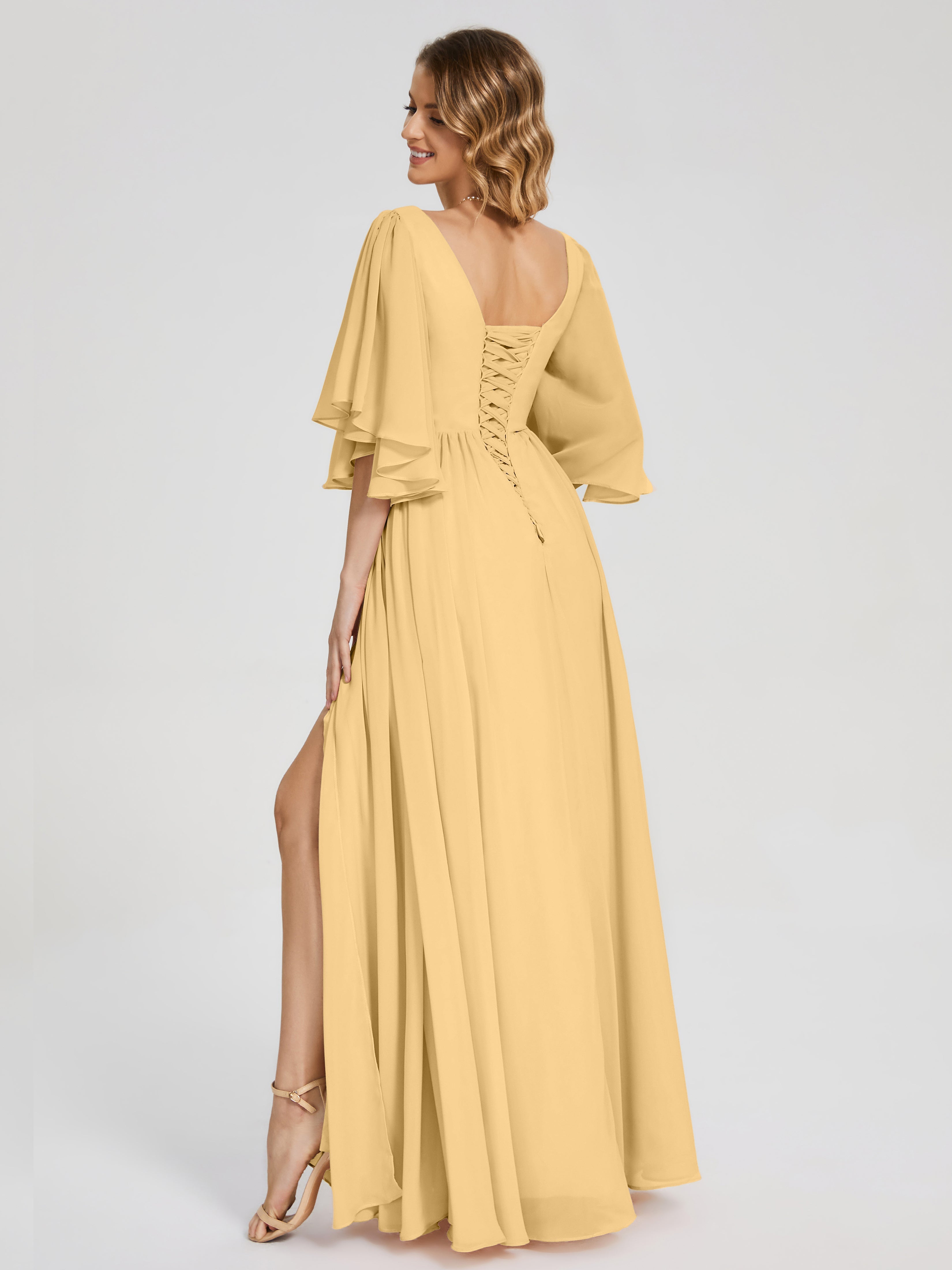 Robe De Demoiselle D Honneur Or Demi Manches Mousseline Robes Demoiselle D'Honneur À Lacet