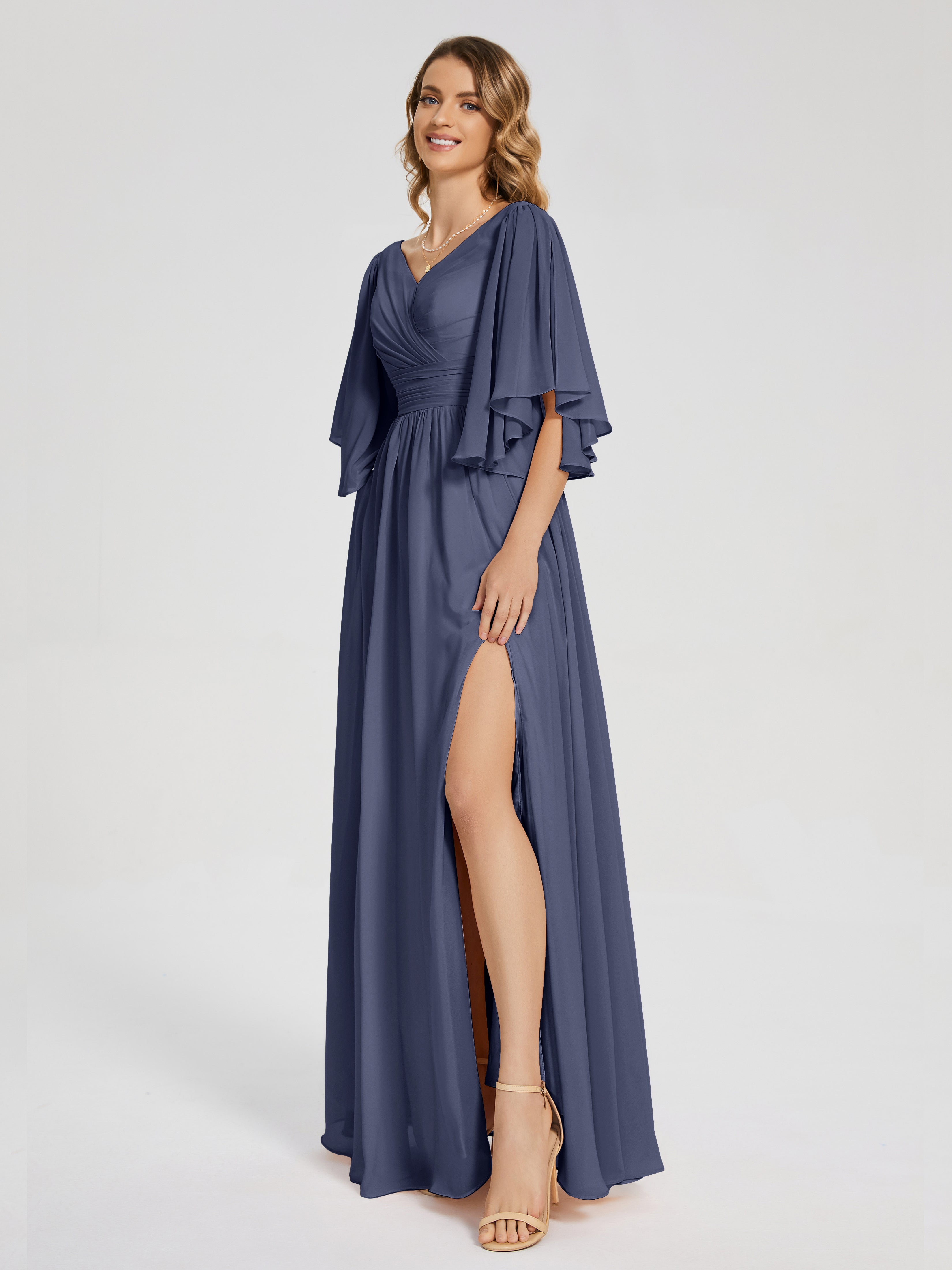 Robes De Demoiselle D'Honneur Bleu Orageux Demi Manches Mousseline Robes Demoiselle D'Honneur À Lacet