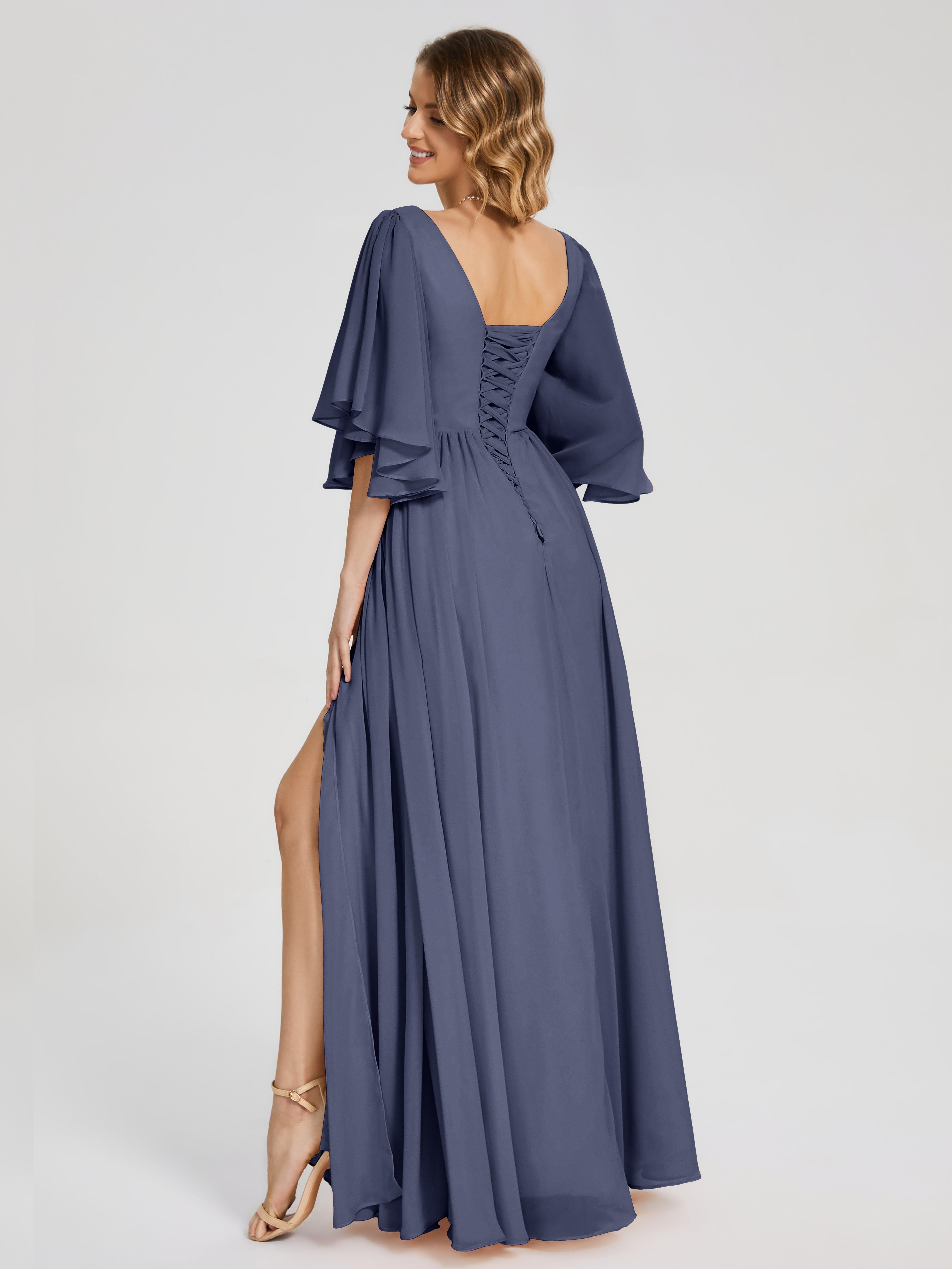 Robes De Demoiselle D'Honneur Bleu Orageux Demi Manches Mousseline Robes Demoiselle D'Honneur À Lacet