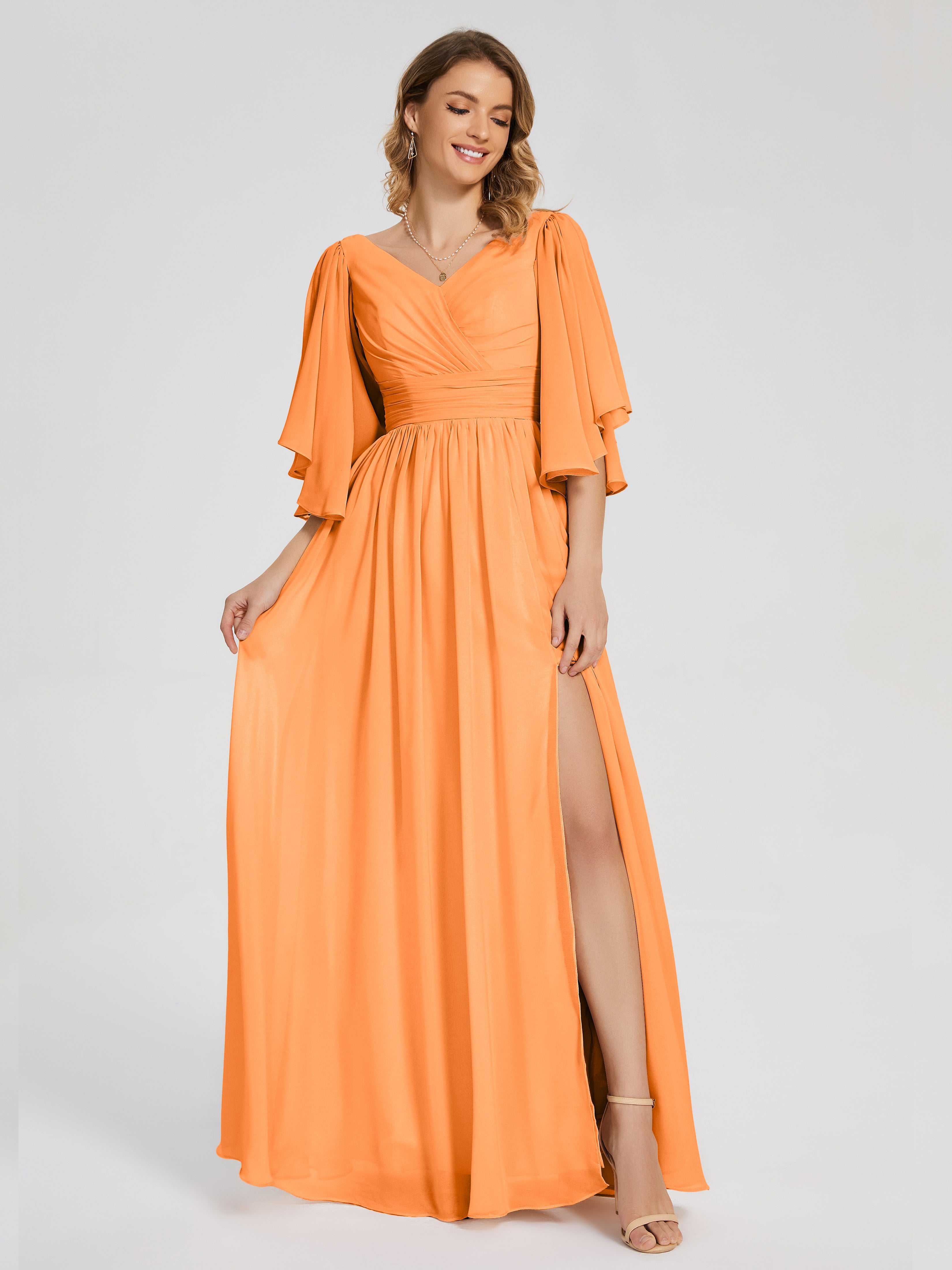 Robe Mousseline Orange Demi Manches Mousseline Robes Demoiselle D'Honneur À Lacet