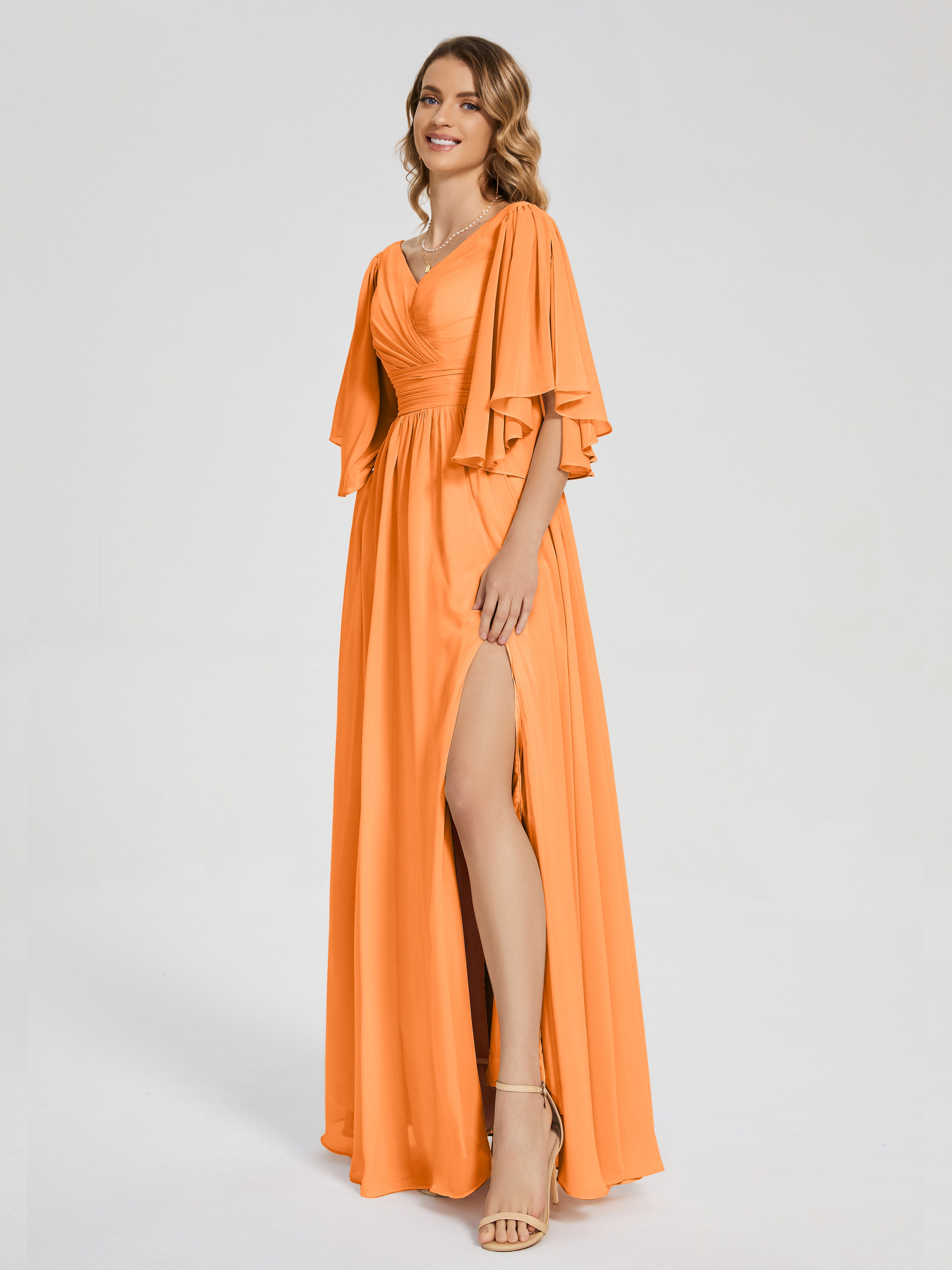 Robe Mousseline Orange Demi Manches Mousseline Robes Demoiselle D'Honneur À Lacet