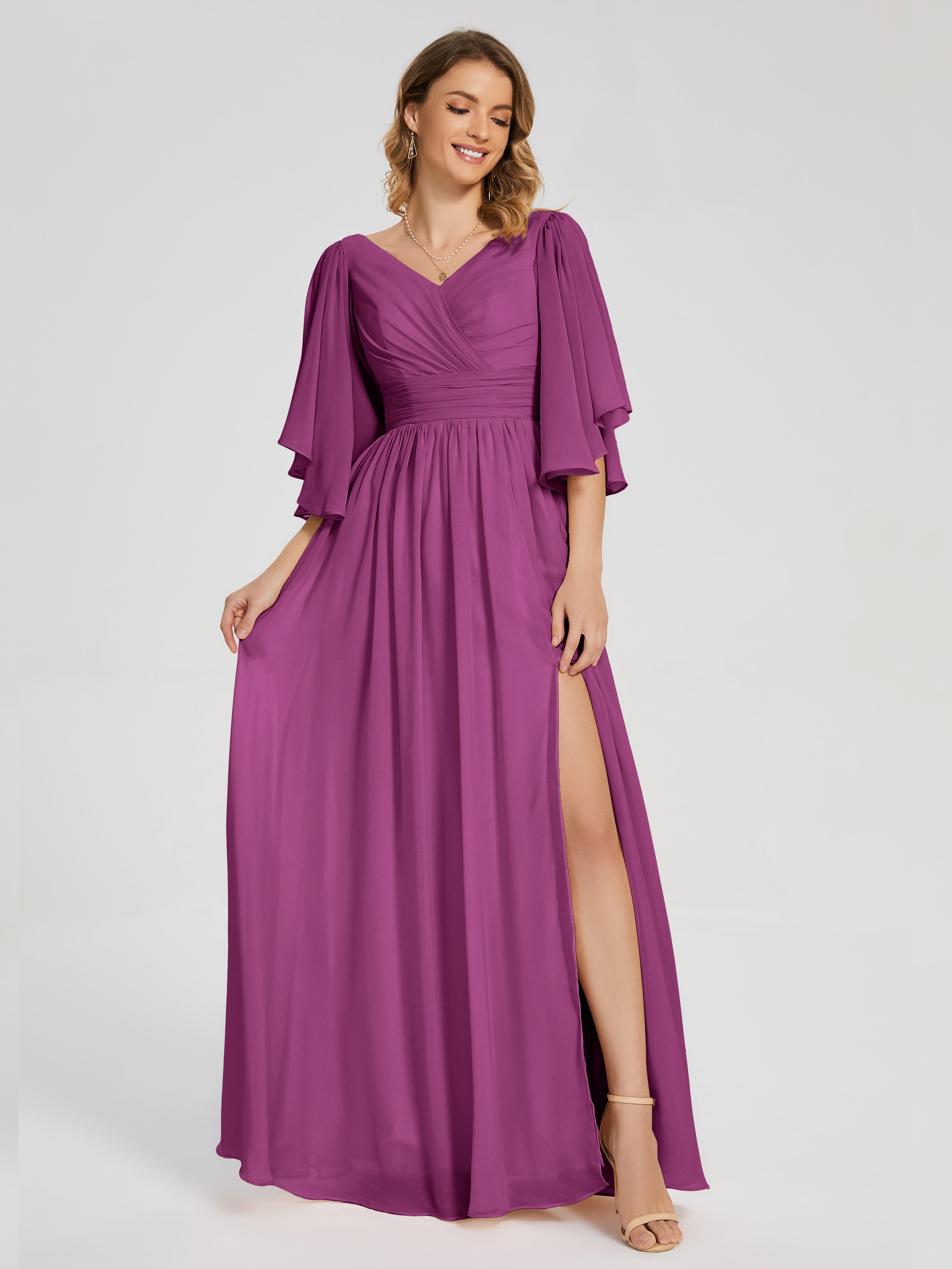 Robes De Demoiselle D'Honneur Orchidée Demi Manches Mousseline Robes Demoiselle D'Honneur À Lacet