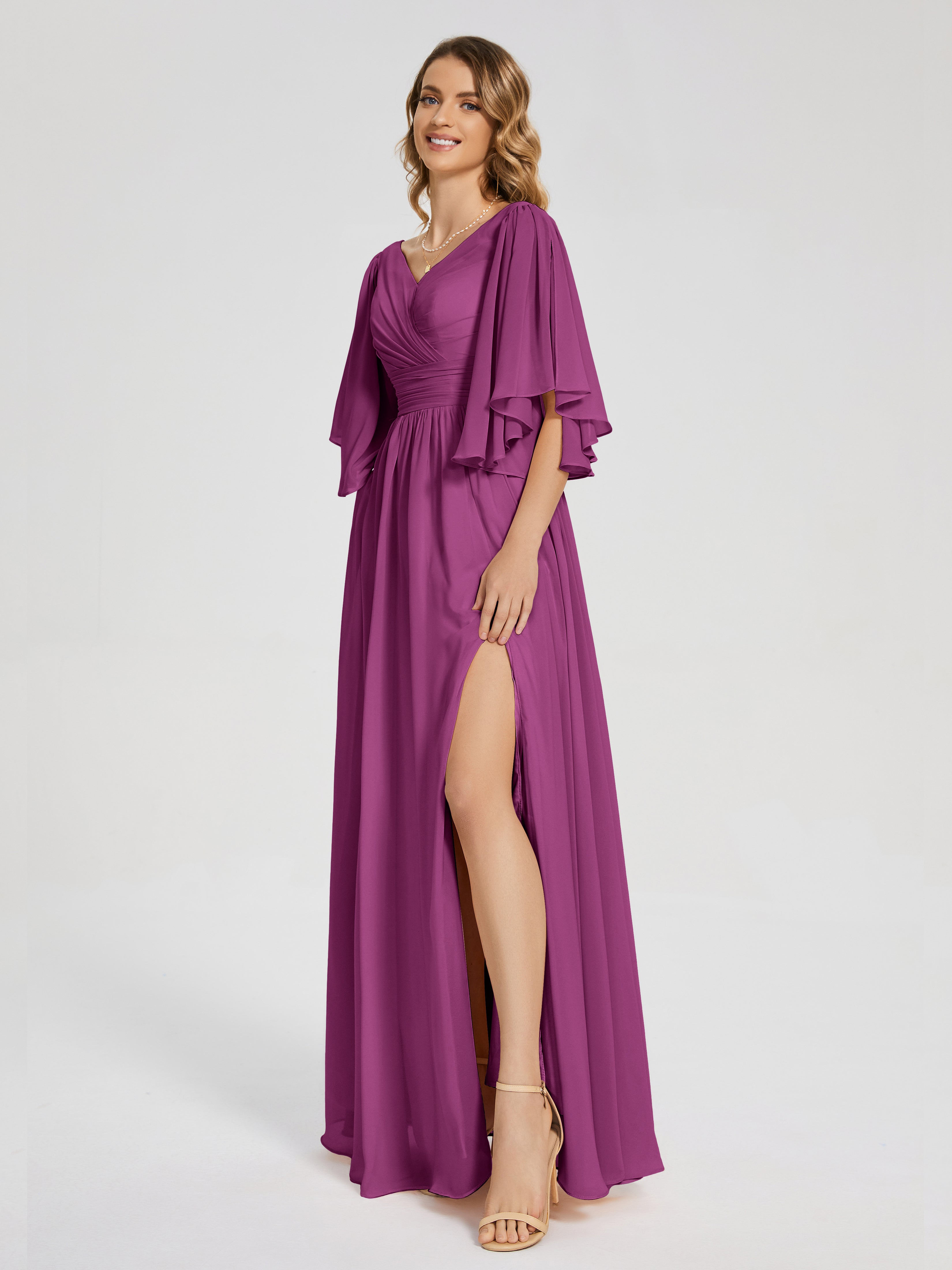 Robes De Demoiselle D'Honneur Orchidée Demi Manches Mousseline Robes Demoiselle D'Honneur À Lacet