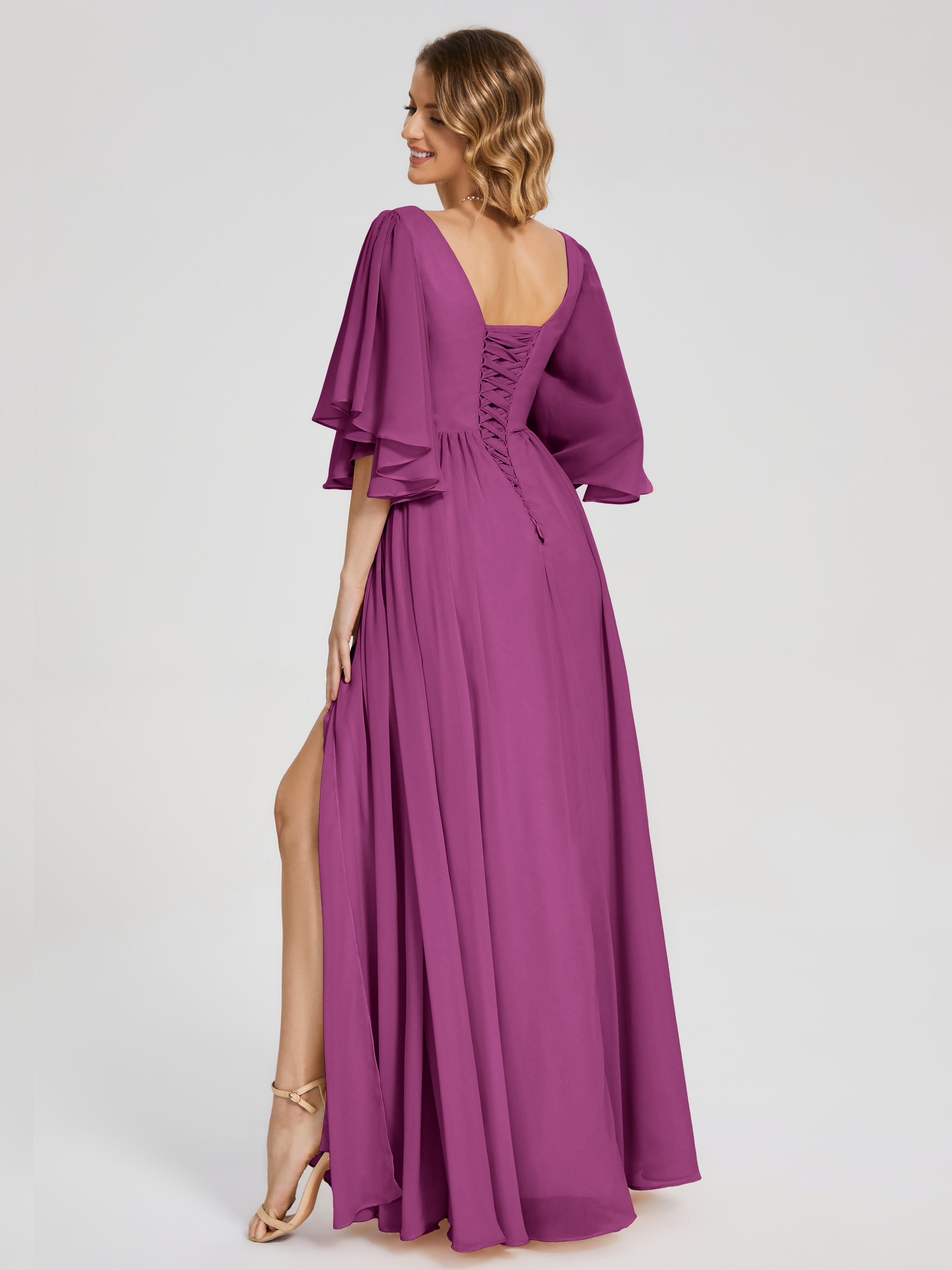 Robes De Demoiselle D'Honneur Orchidée Demi Manches Mousseline Robes Demoiselle D'Honneur À Lacet