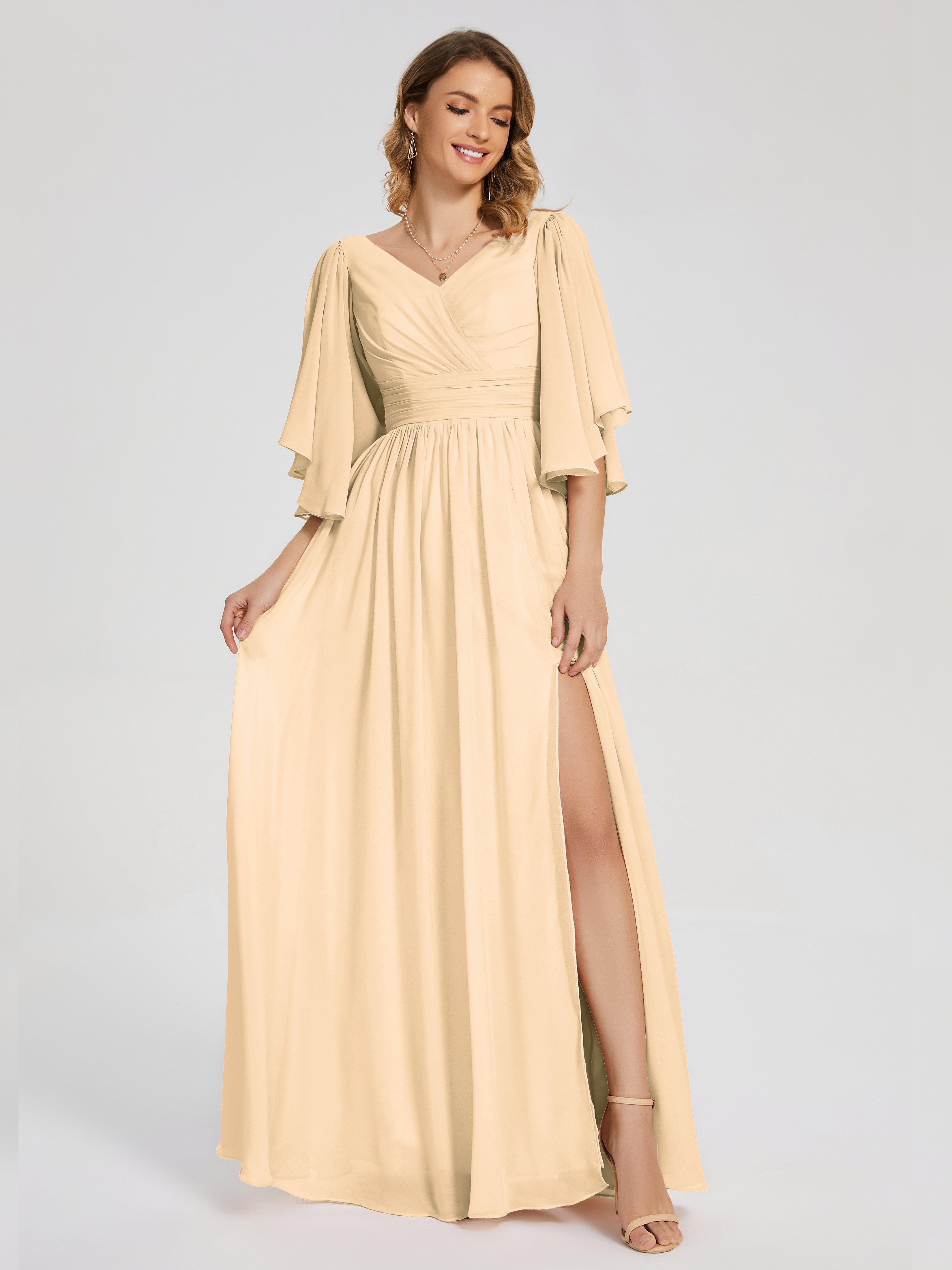 Robe De Demoiselle D Honneur Peche Demi Manches Mousseline Robes Demoiselle D'Honneur À Lacet