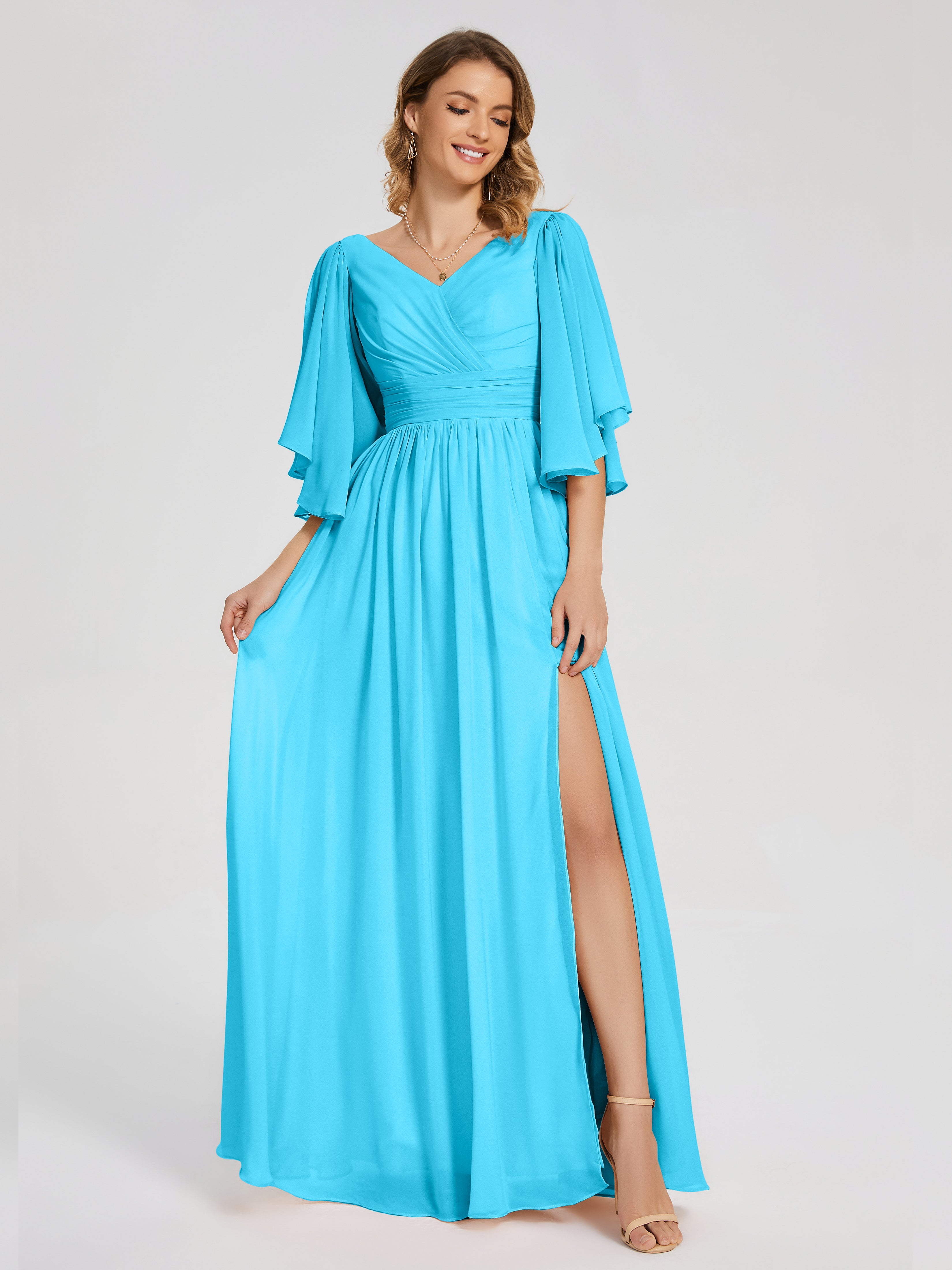 Robe De Demoiselle D'Honneur En Piscine Demi Manches Mousseline Robes Demoiselle D'Honneur À Lacet