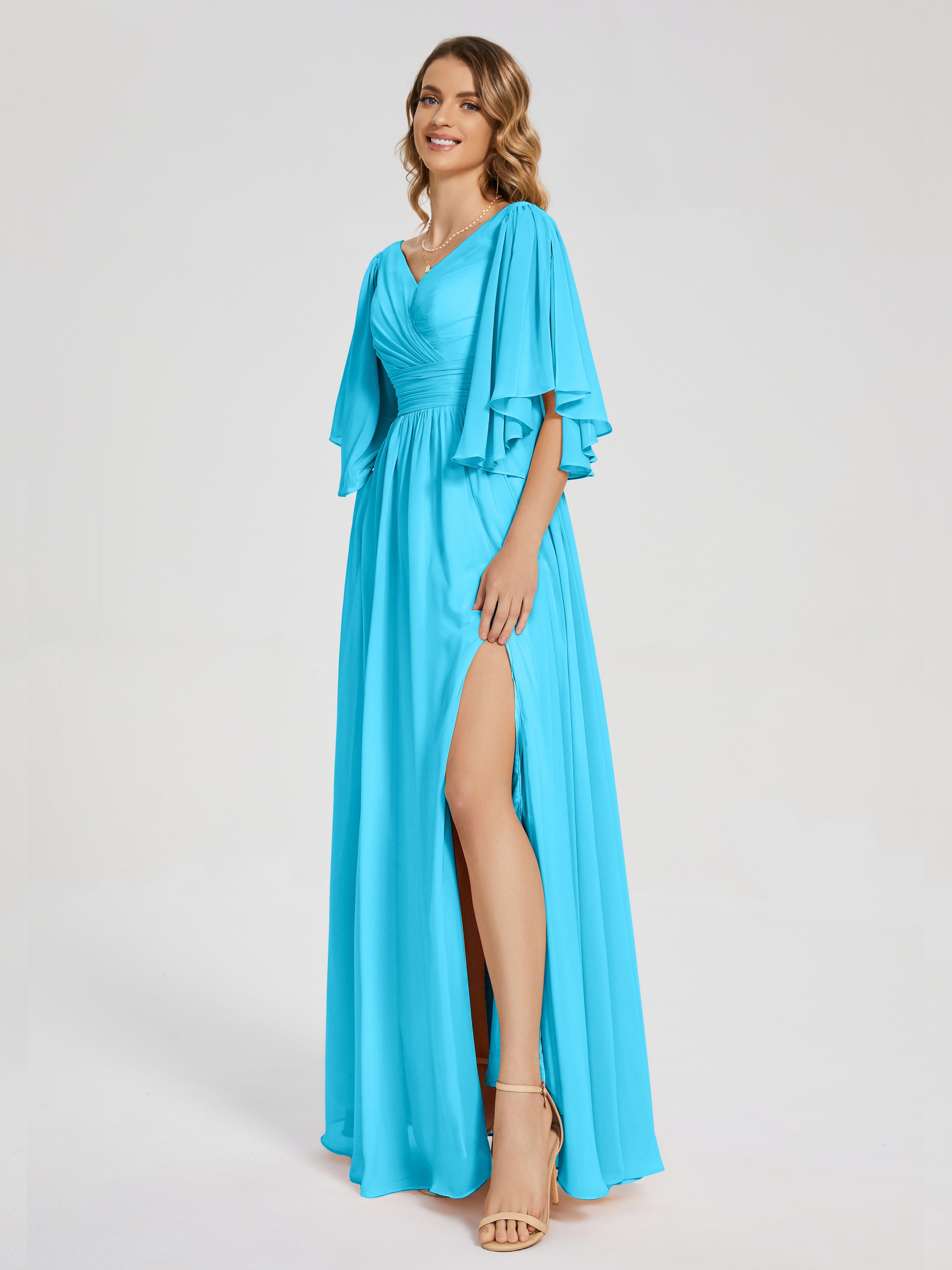 Robe De Demoiselle D'Honneur En Piscine Demi Manches Mousseline Robes Demoiselle D'Honneur À Lacet