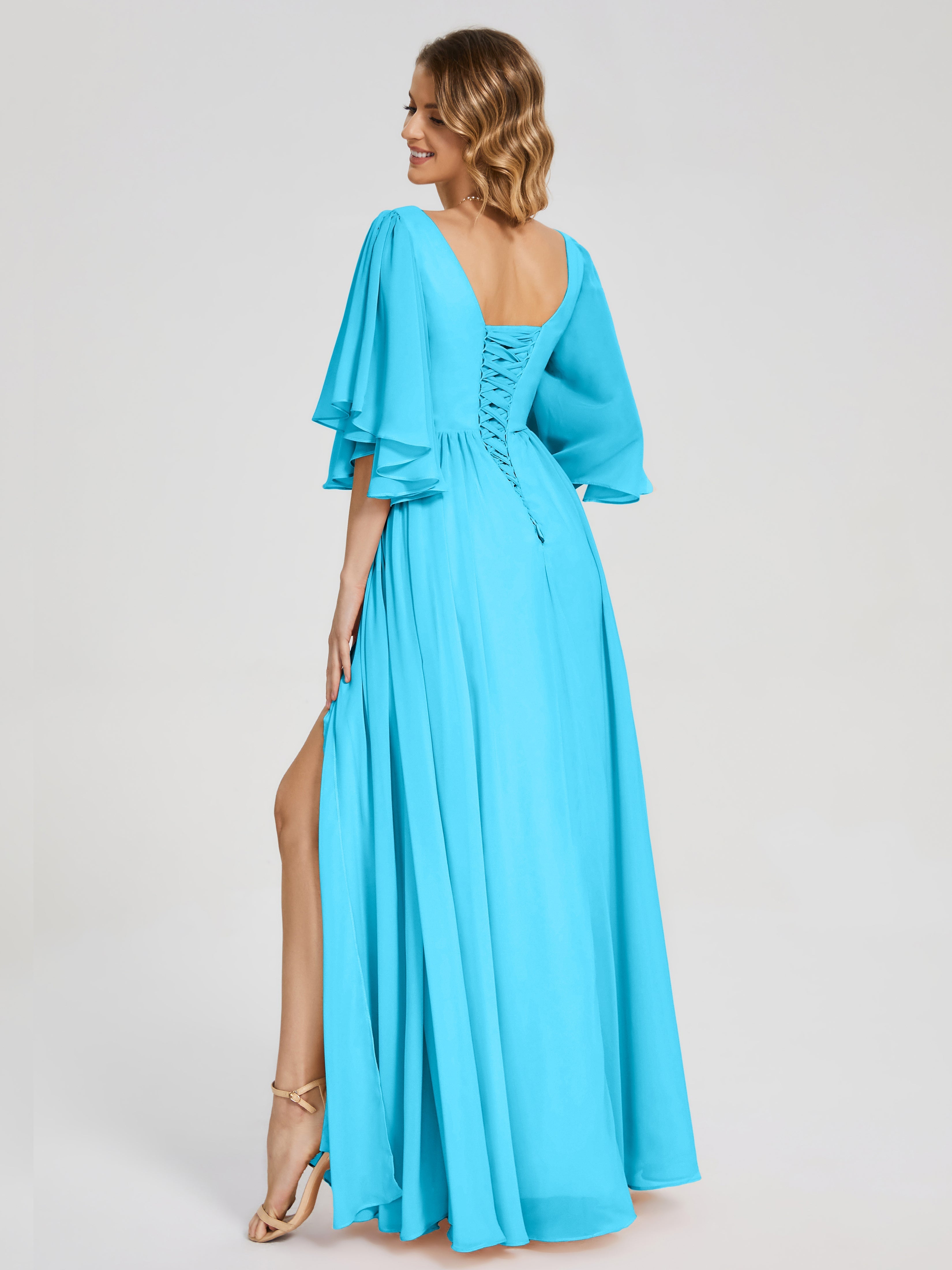 Robe De Demoiselle D'Honneur En Piscine Demi Manches Mousseline Robes Demoiselle D'Honneur À Lacet