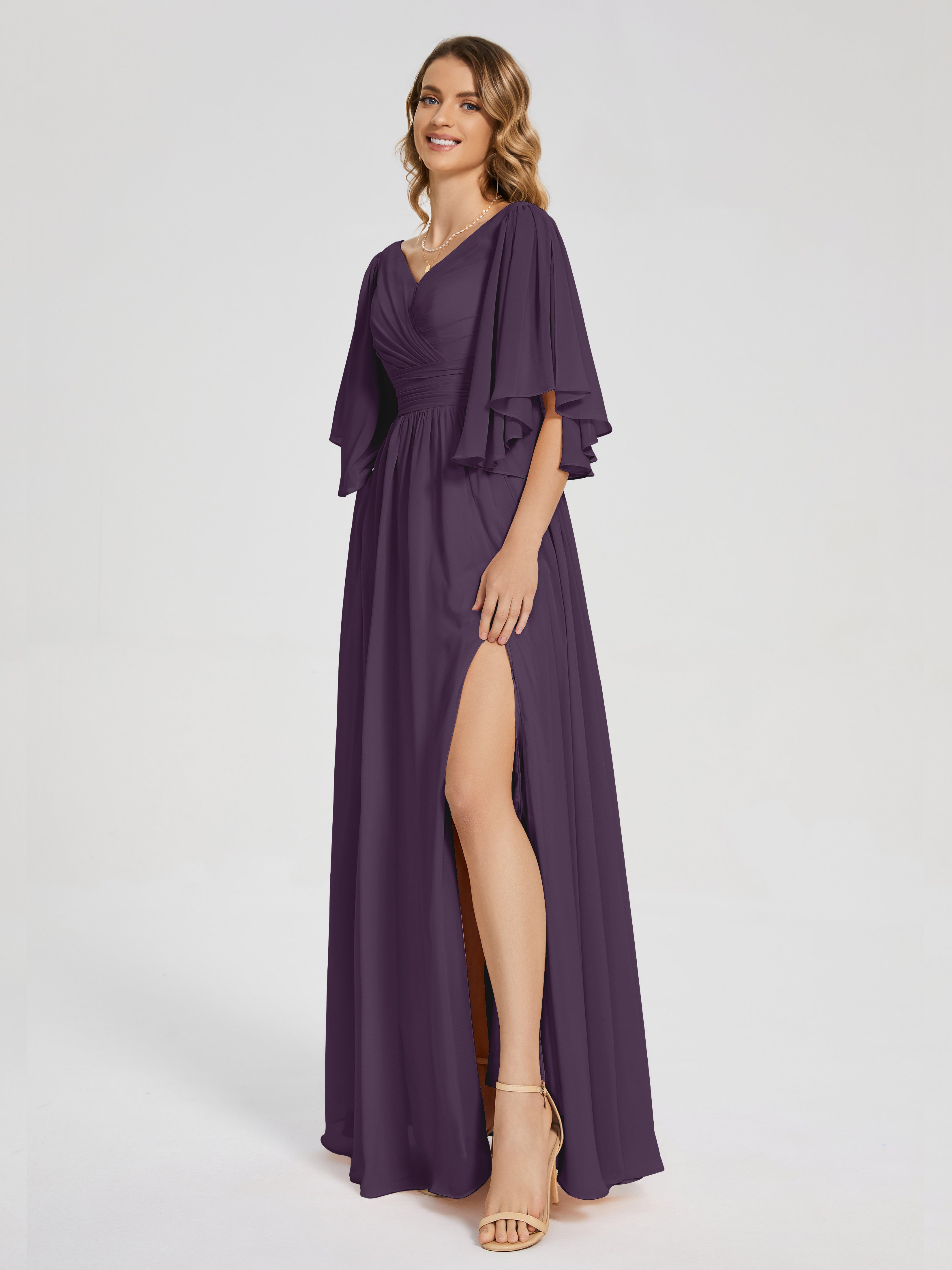 Robe De Demoiselle D'Honneur En Plum Demi Manches Mousseline Robes Demoiselle D'Honneur À Lacet