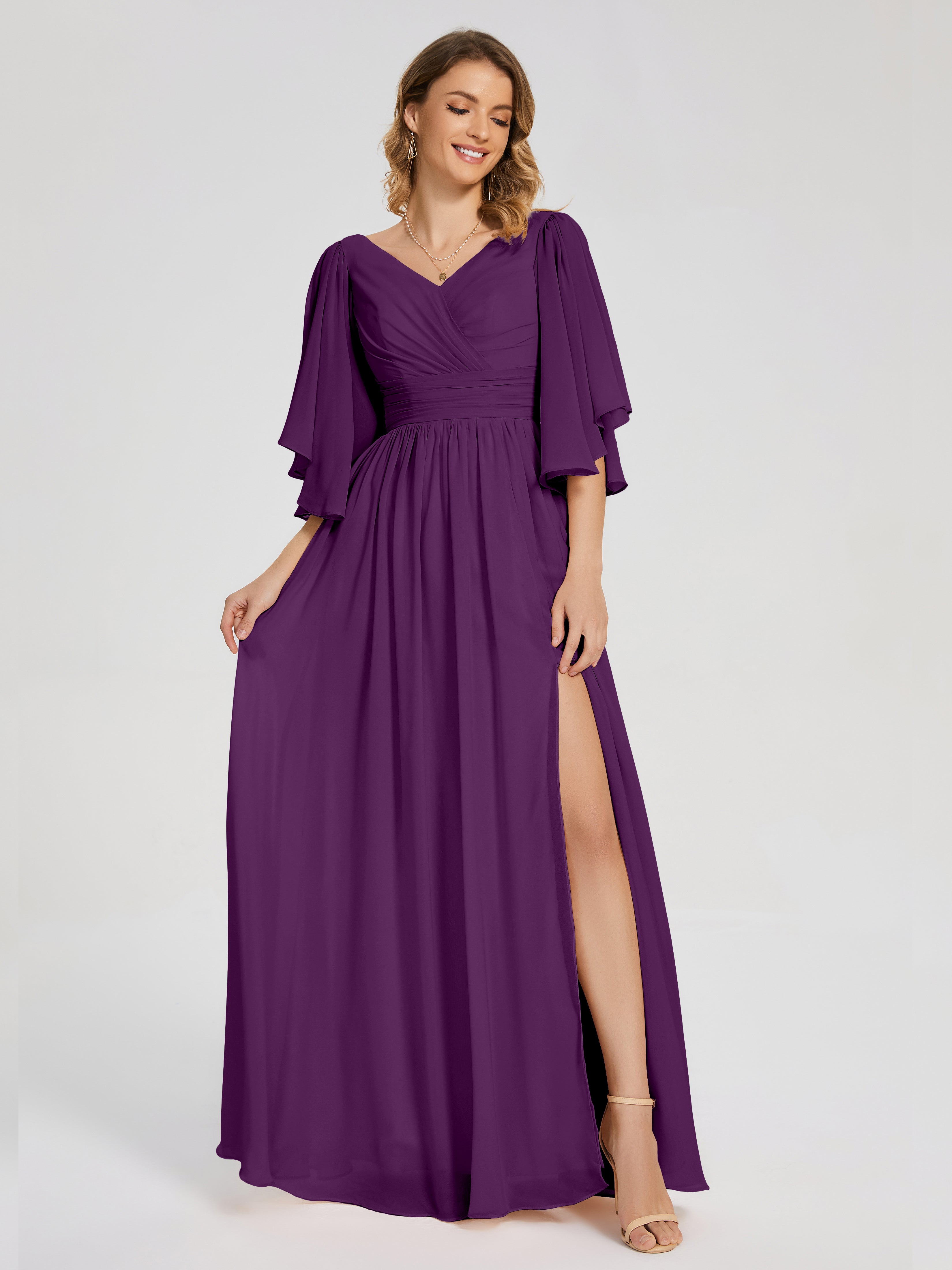 Robes De Demoiselle D'Honneur En Raisin Demi Manches Mousseline Robes Demoiselle D'Honneur À Lacet