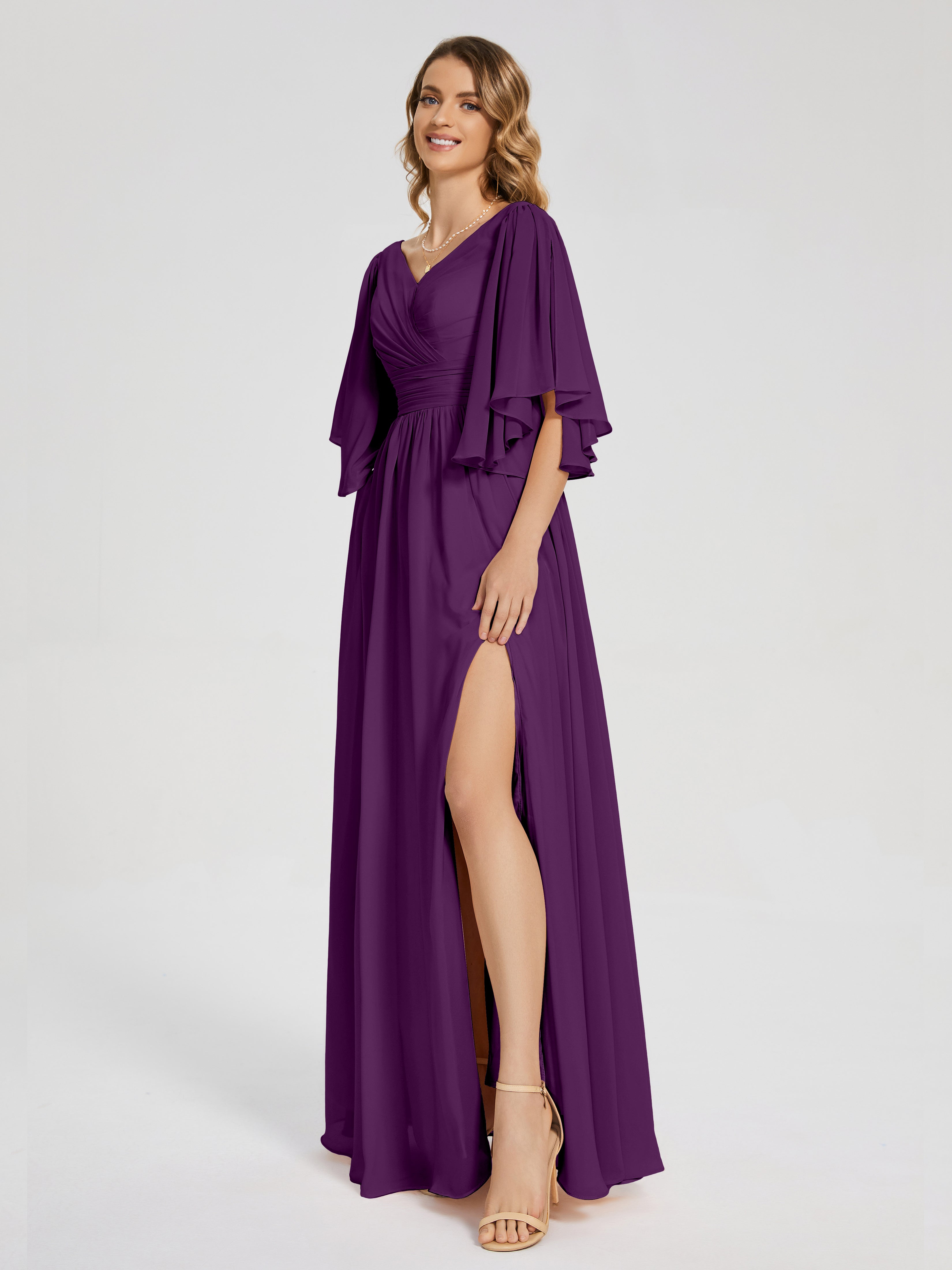 Robes De Demoiselle D'Honneur En Raisin Demi Manches Mousseline Robes Demoiselle D'Honneur À Lacet