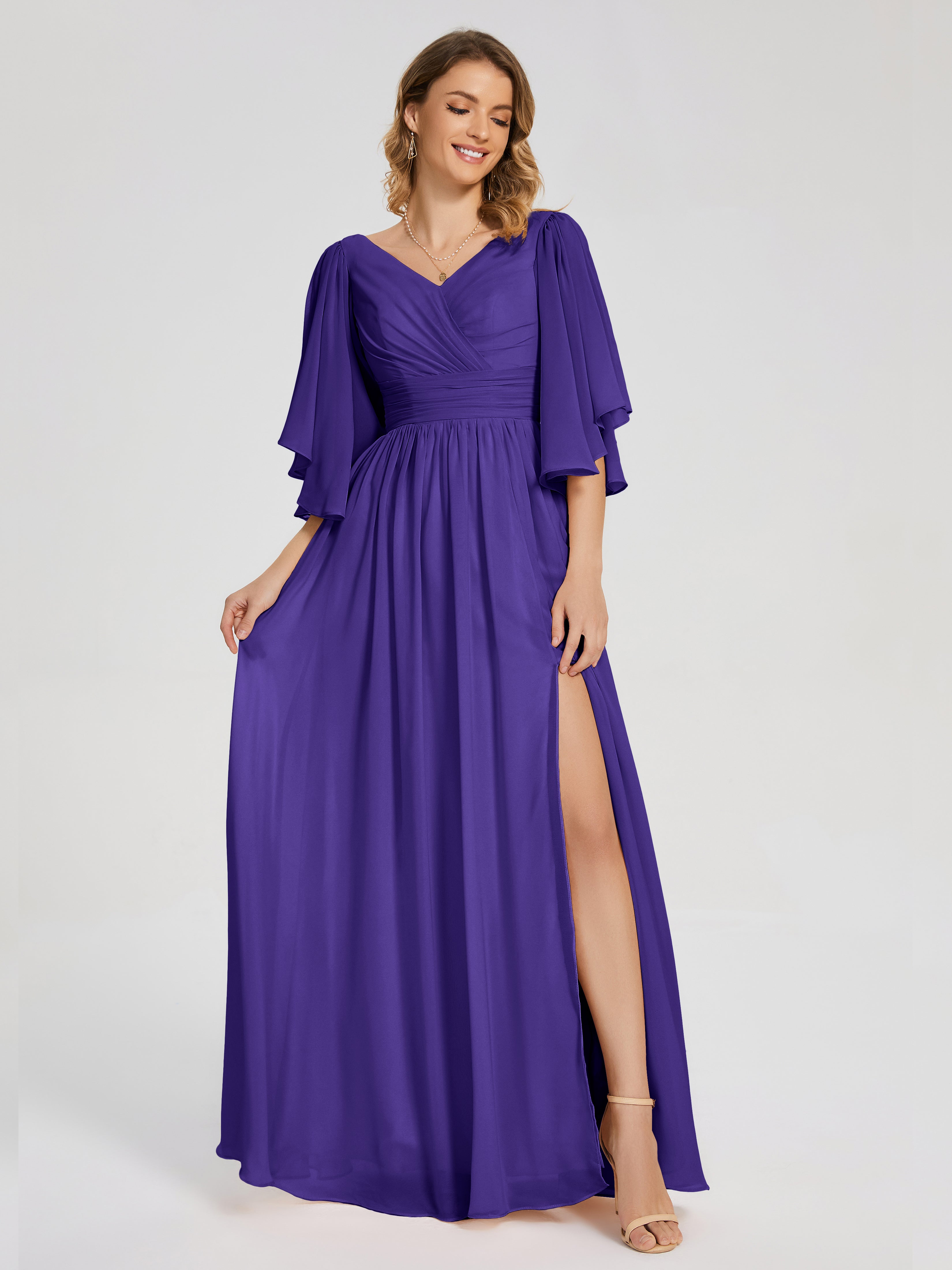 Robes De Demoiselle D'Honneur En Régence Demi Manches Mousseline Robes Demoiselle D'Honneur À Lacet