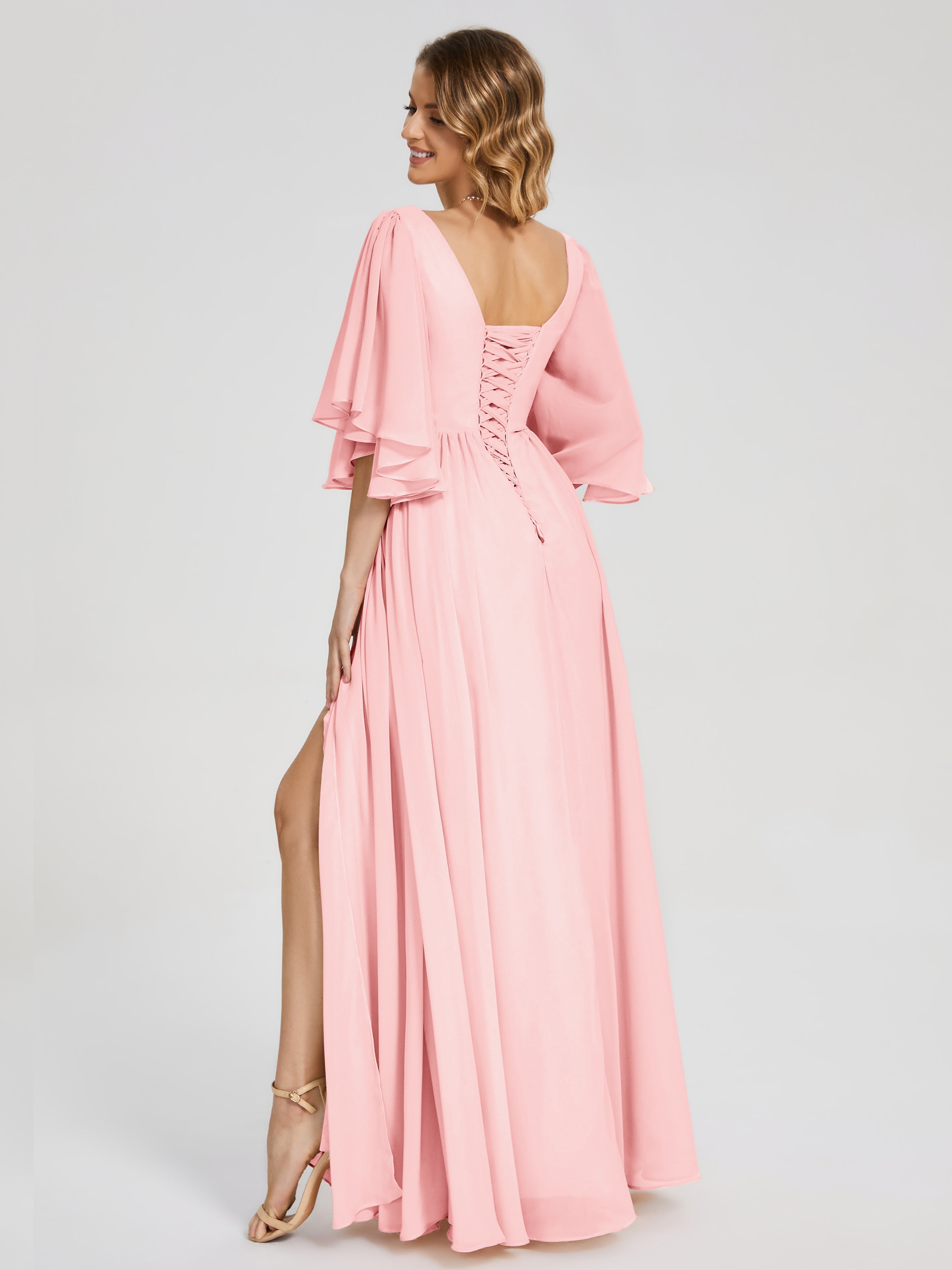 Robe Rose Demoiselle D Honneur Demi Manches Mousseline Robes Demoiselle D'Honneur À Lacet