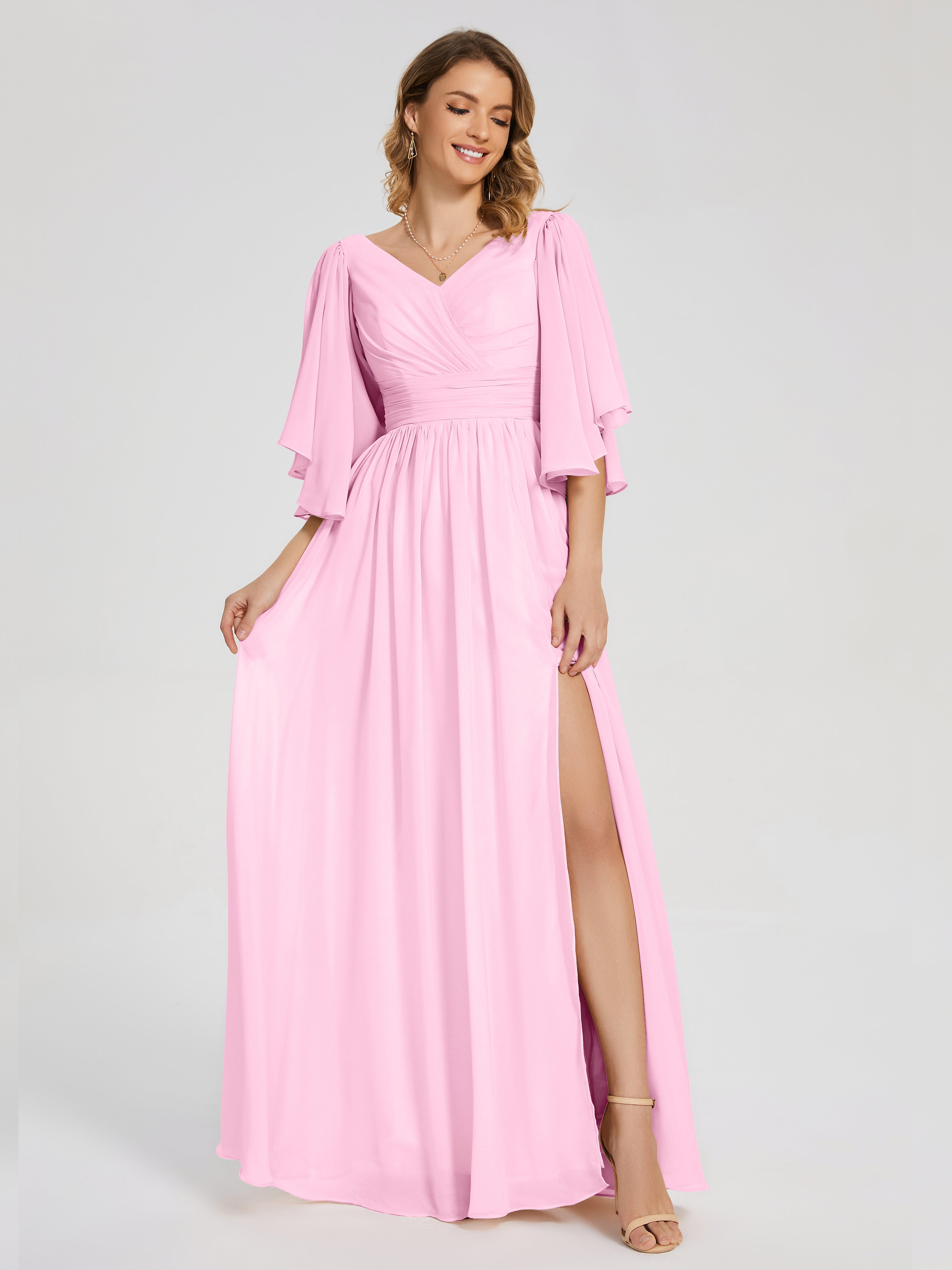 Robes De Demoiselle D'Honneur Rose Bonbon Demi Manches Mousseline Robes Demoiselle D'Honneur À Lacet