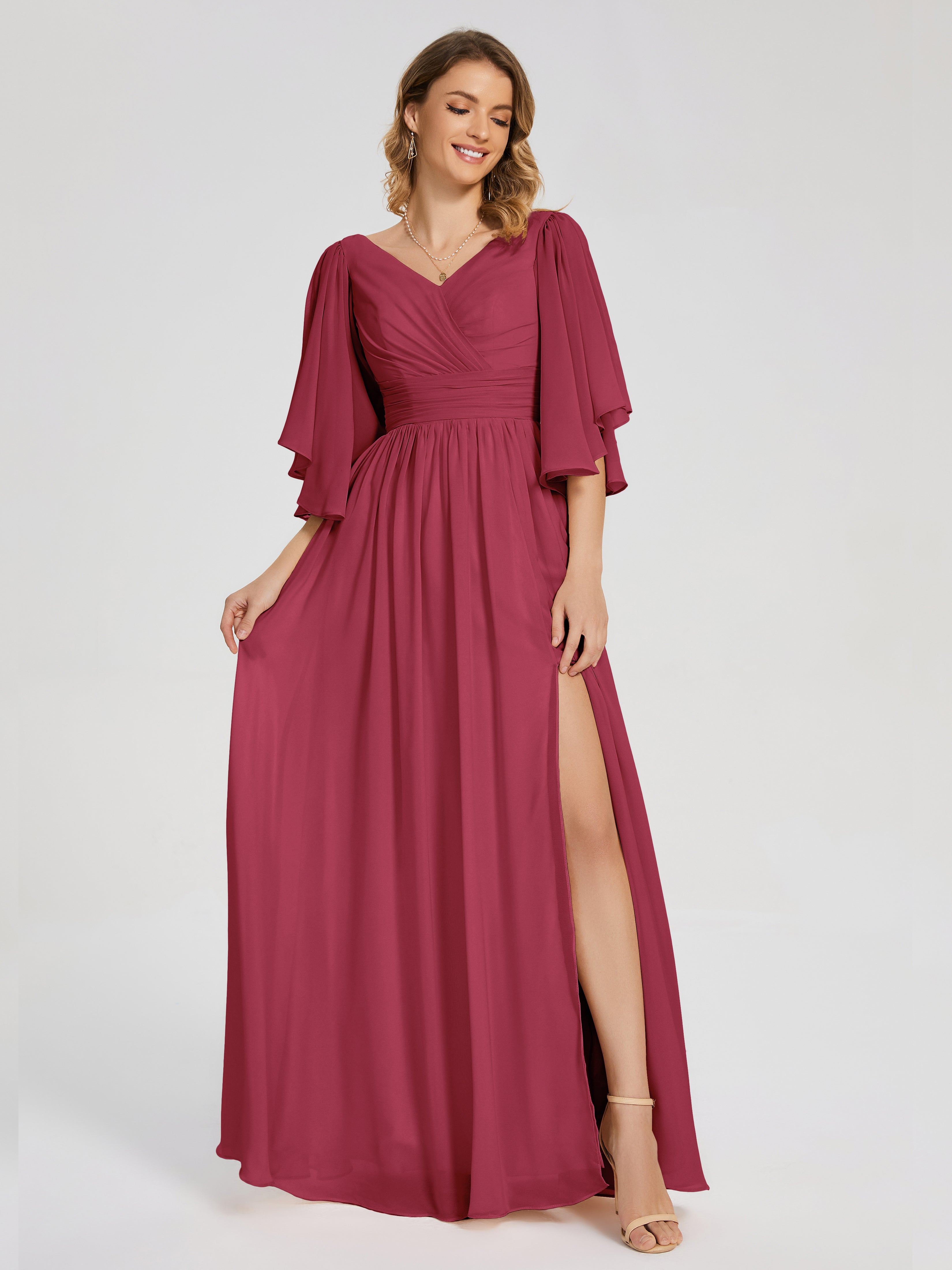 Robe Demoiselle D Honneur Rose Cannelle Demi Manches Mousseline Robes Demoiselle D'Honneur À Lacet