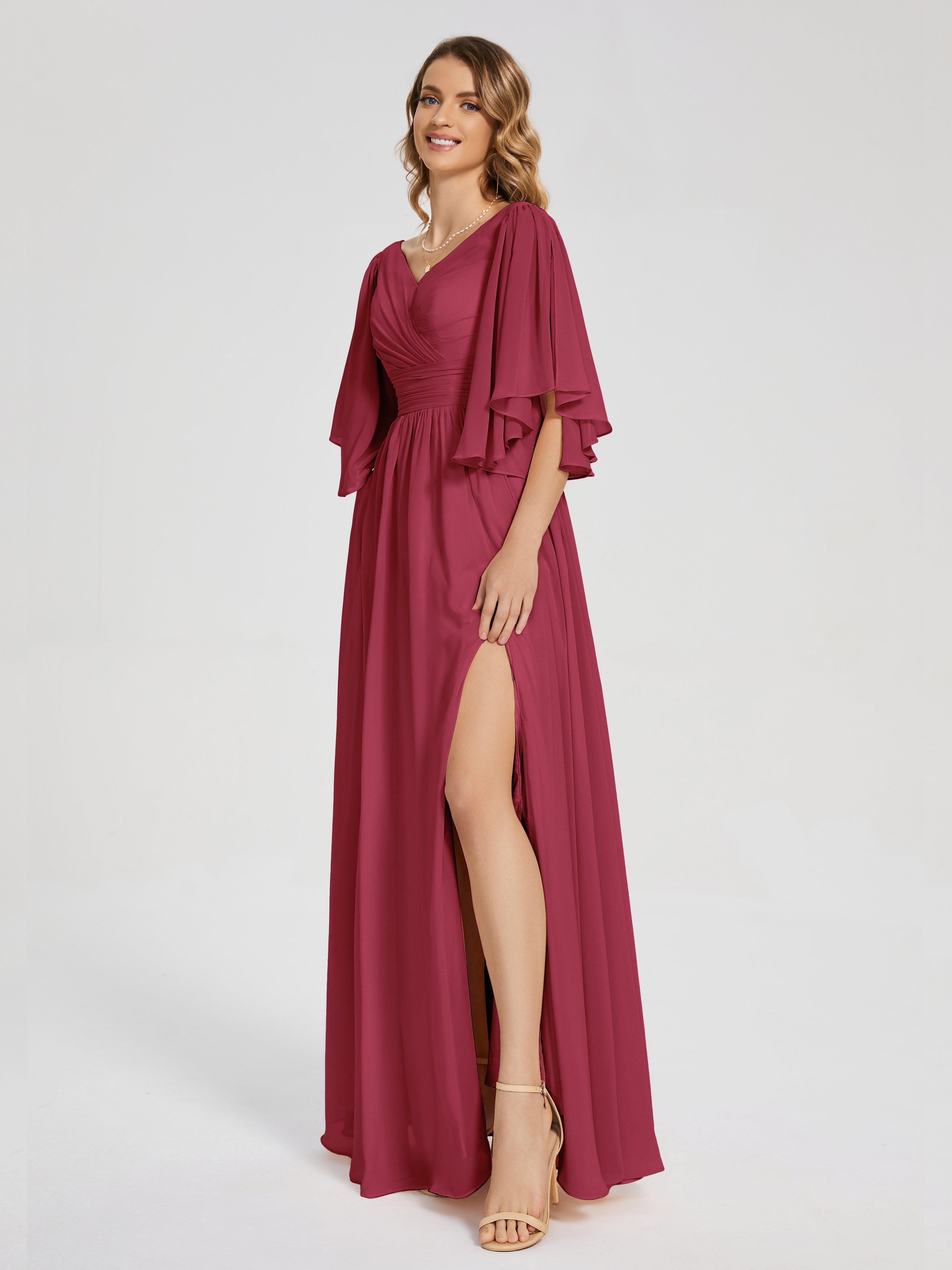 Robe Demoiselle D Honneur Rose Cannelle Demi Manches Mousseline Robes Demoiselle D'Honneur À Lacet