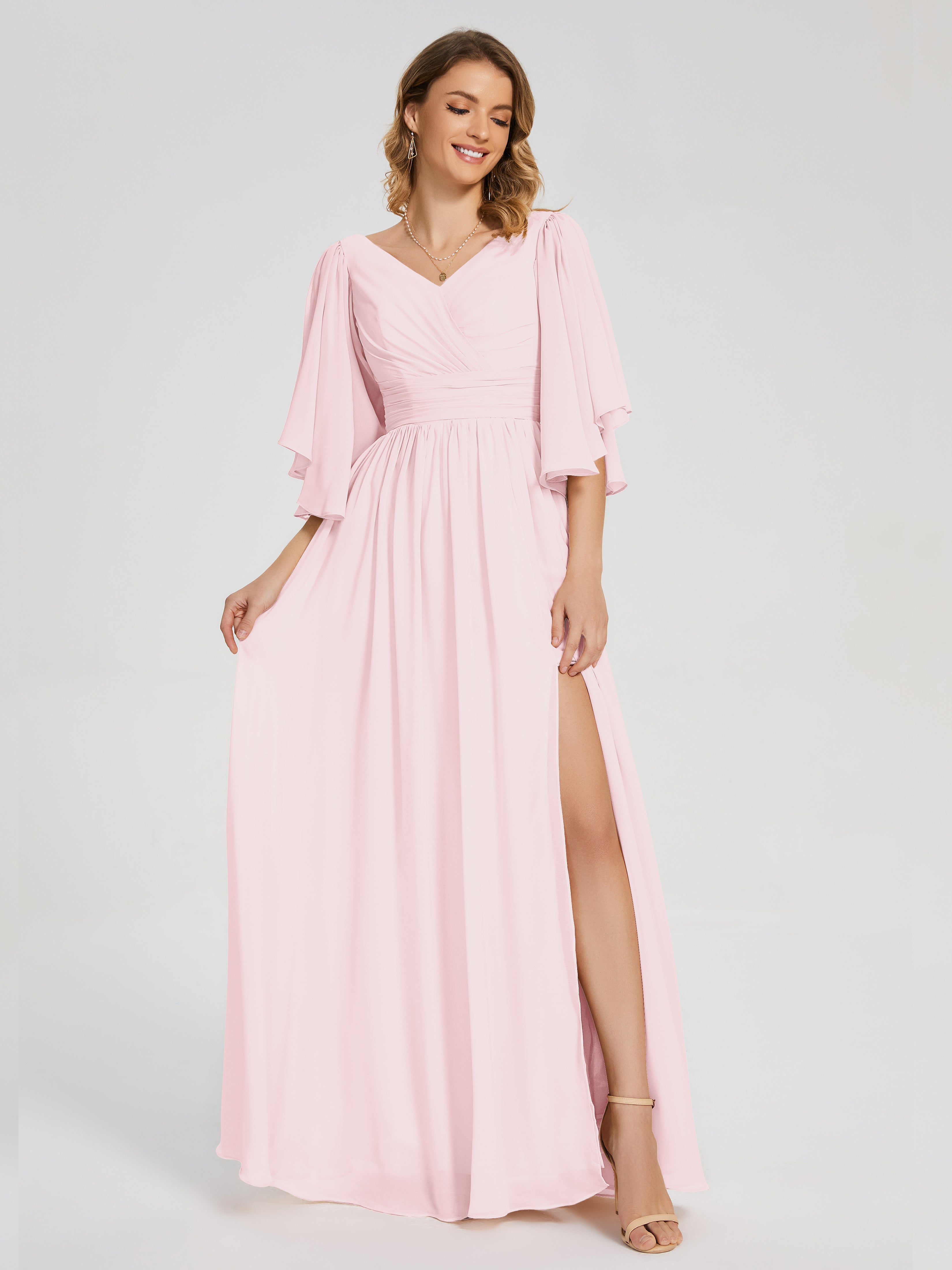Robe De Demoiselle D Honneur Rose Pale Demi Manches Mousseline Robes Demoiselle D'Honneur À Lacet