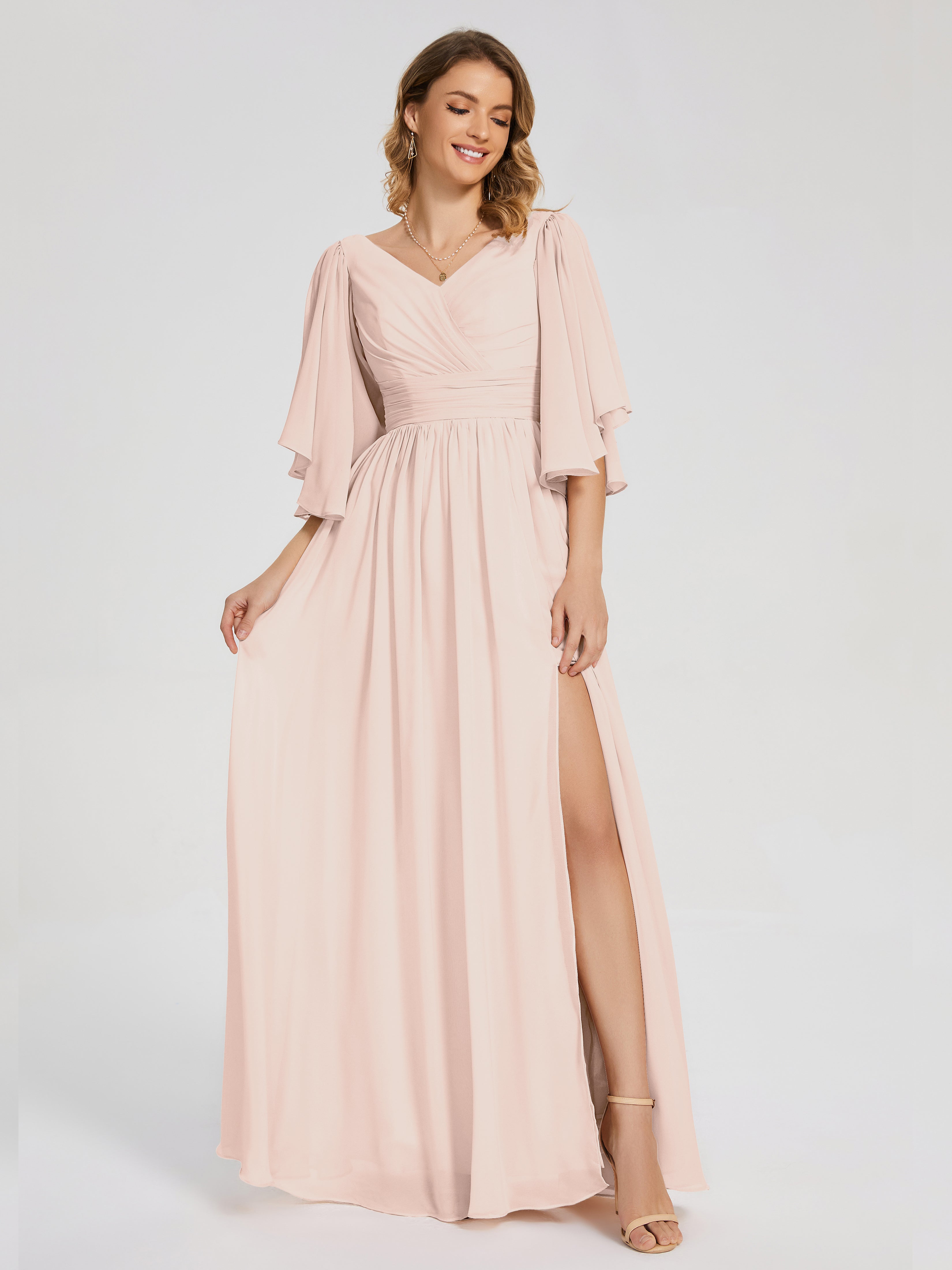 Robe De Demoiselle D'Honneur En Perles Demi Manches Mousseline Robes Demoiselle D'Honneur À Lacet
