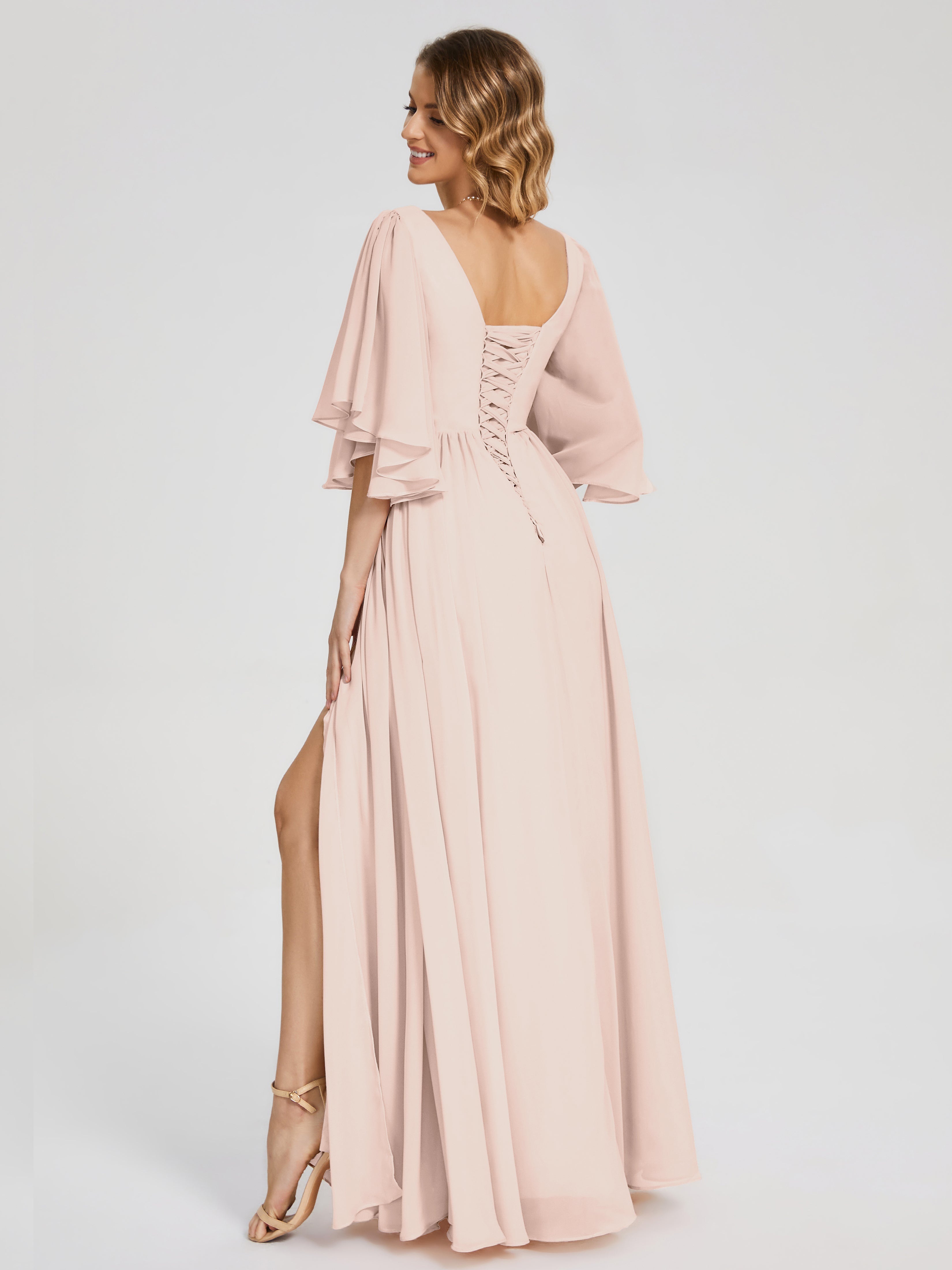 Robe De Demoiselle D'Honneur En Perles Demi Manches Mousseline Robes Demoiselle D'Honneur À Lacet