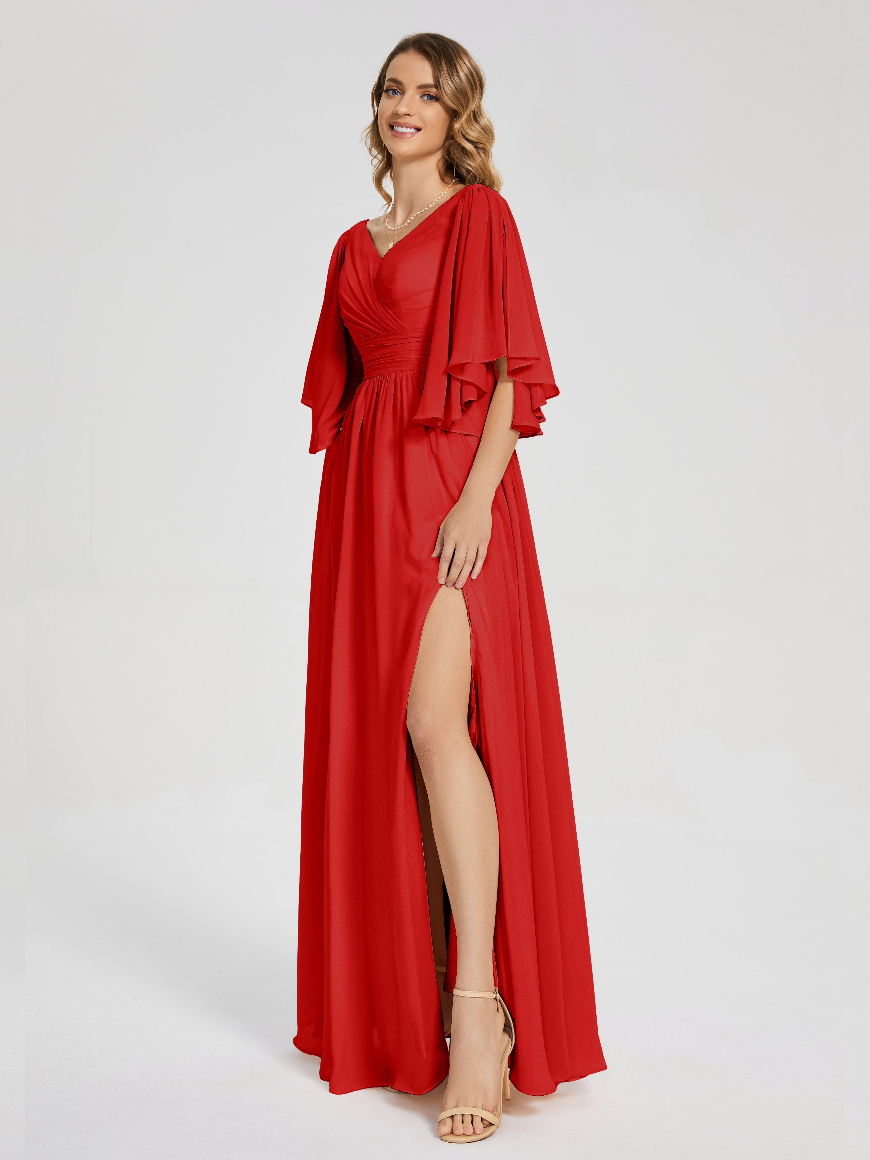 Robe De Demoiselle D Honneur Rouge Demi Manches Mousseline Robes Demoiselle D'Honneur À Lacet