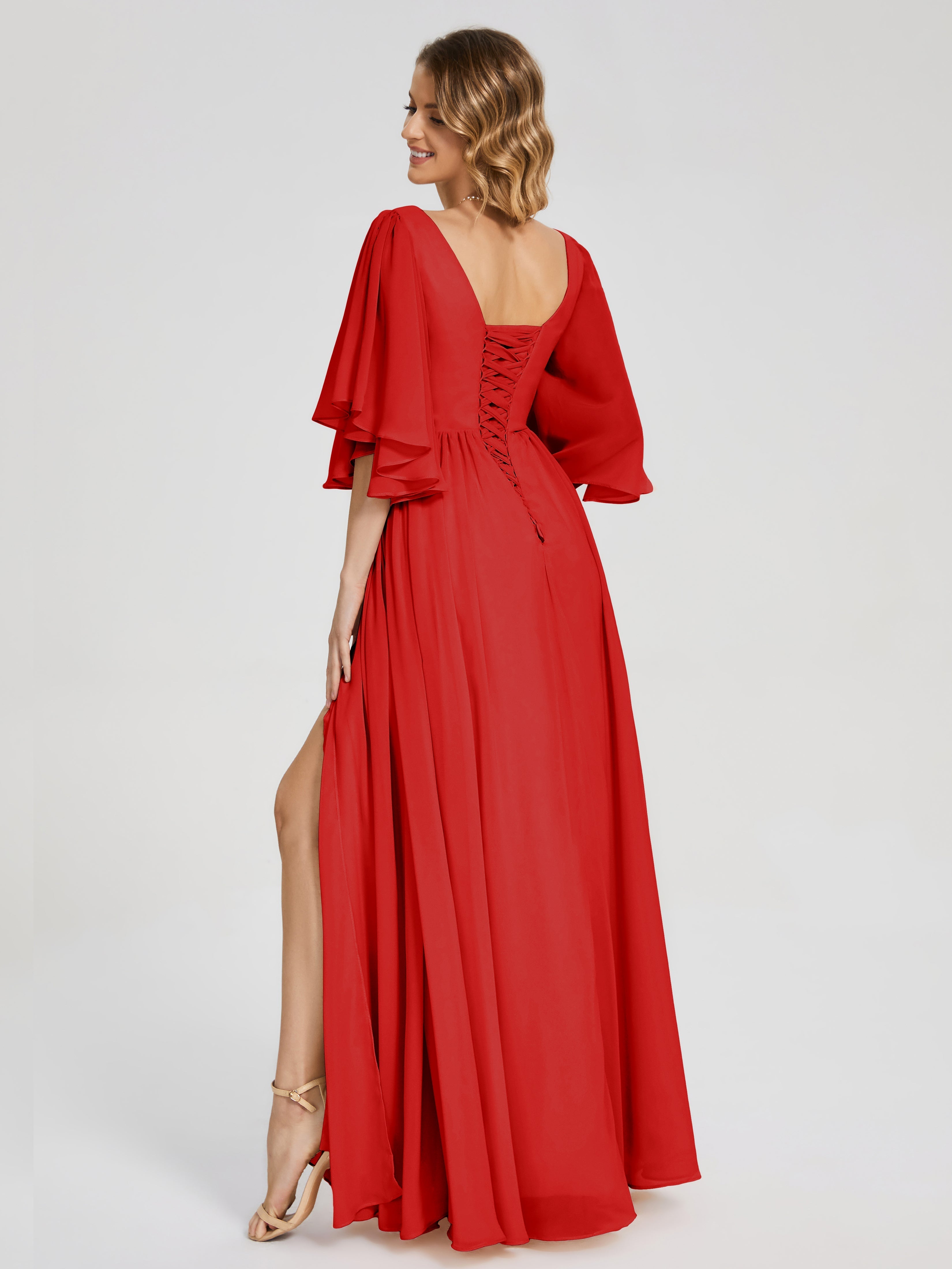 Robe De Demoiselle D Honneur Rouge Demi Manches Mousseline Robes Demoiselle D'Honneur À Lacet