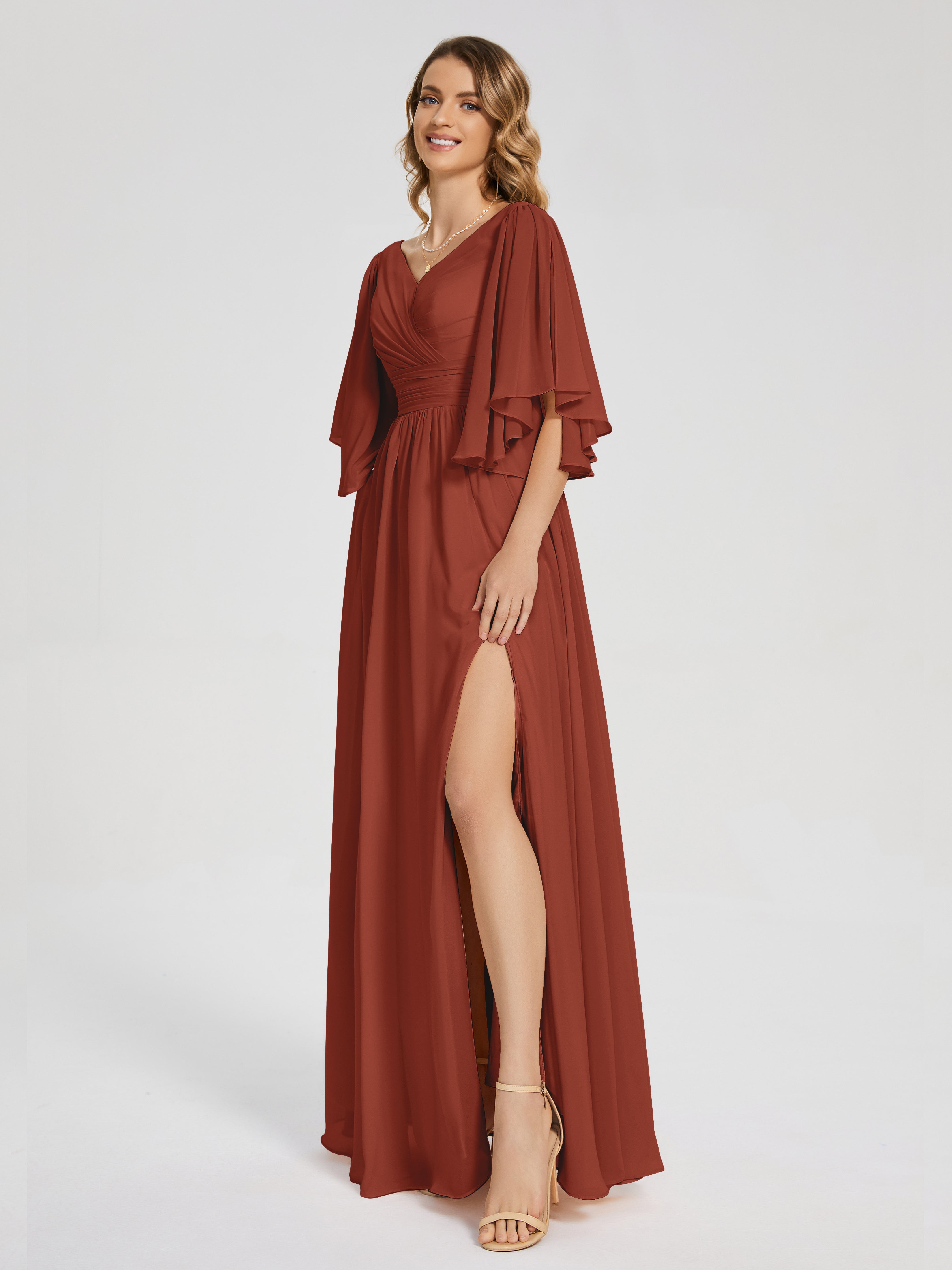 Longues Robes De Demoiselle D'Honneur De Rouille Demi Manches Mousseline Robes Demoiselle D'Honneur À Lacet