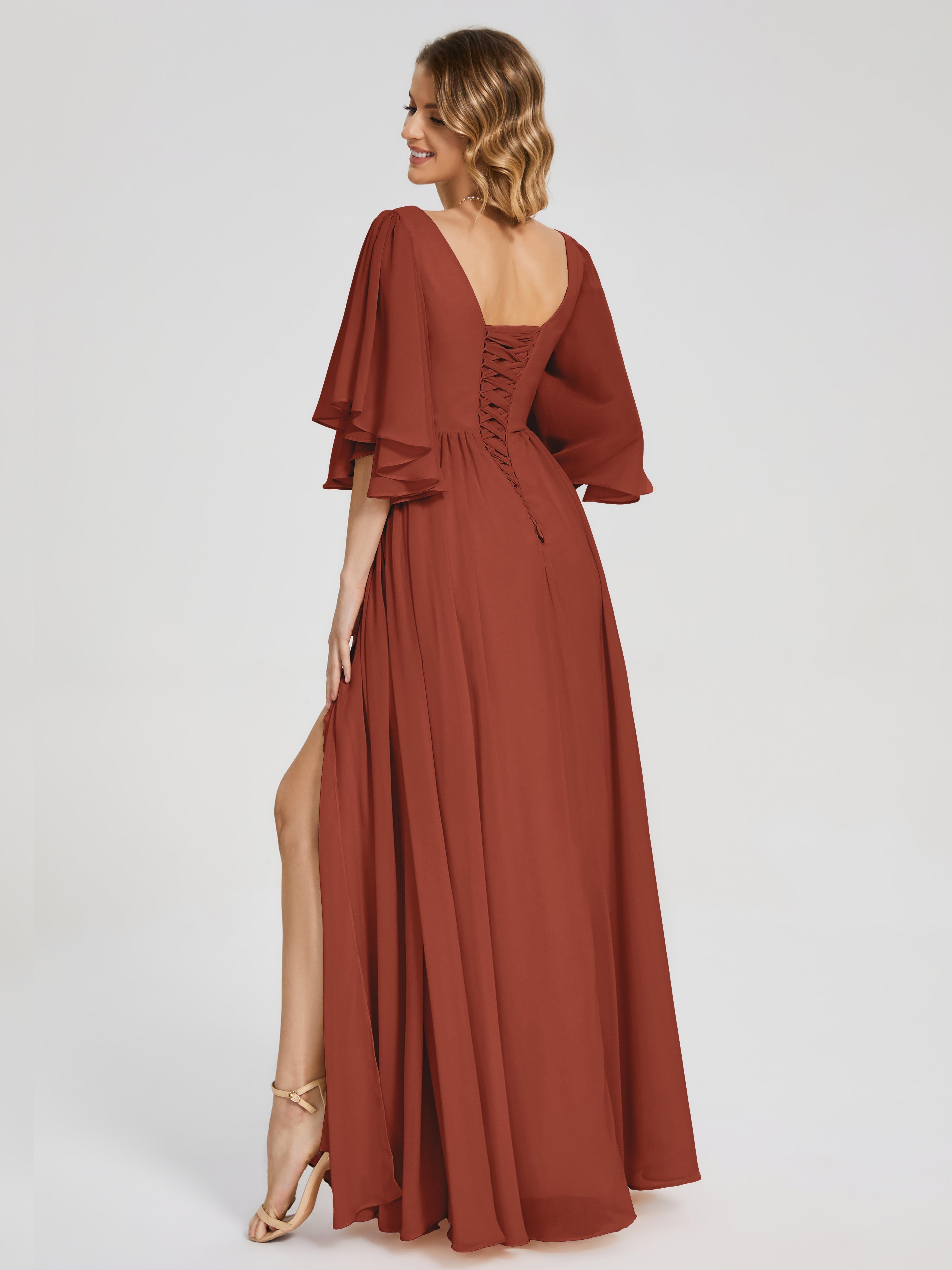 Longues Robes De Demoiselle D'Honneur De Rouille Demi Manches Mousseline Robes Demoiselle D'Honneur À Lacet