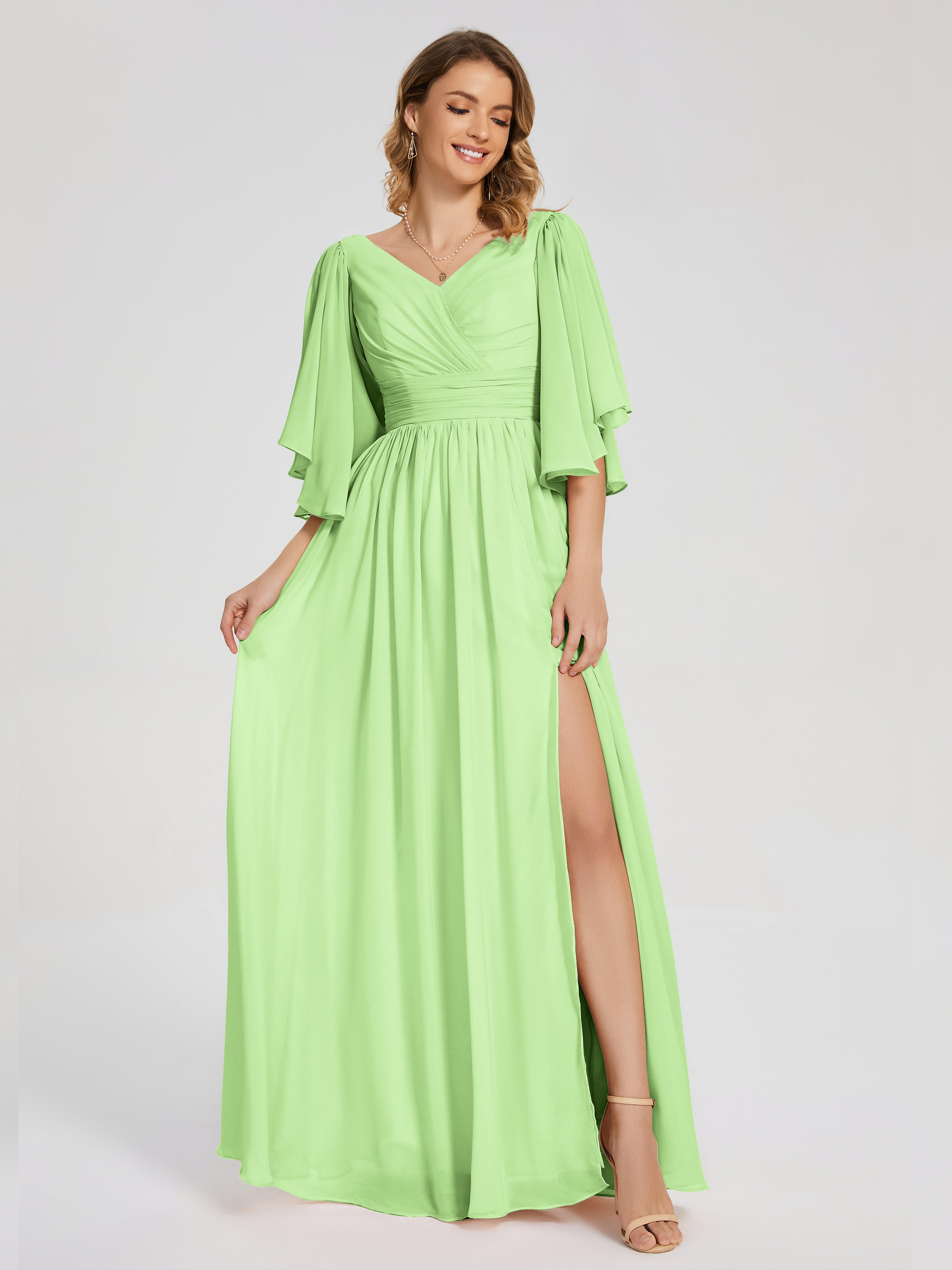 Demoiselle D'Honneur Vert Sauge Demi Manches Mousseline Robes Demoiselle D'Honneur À Lacet