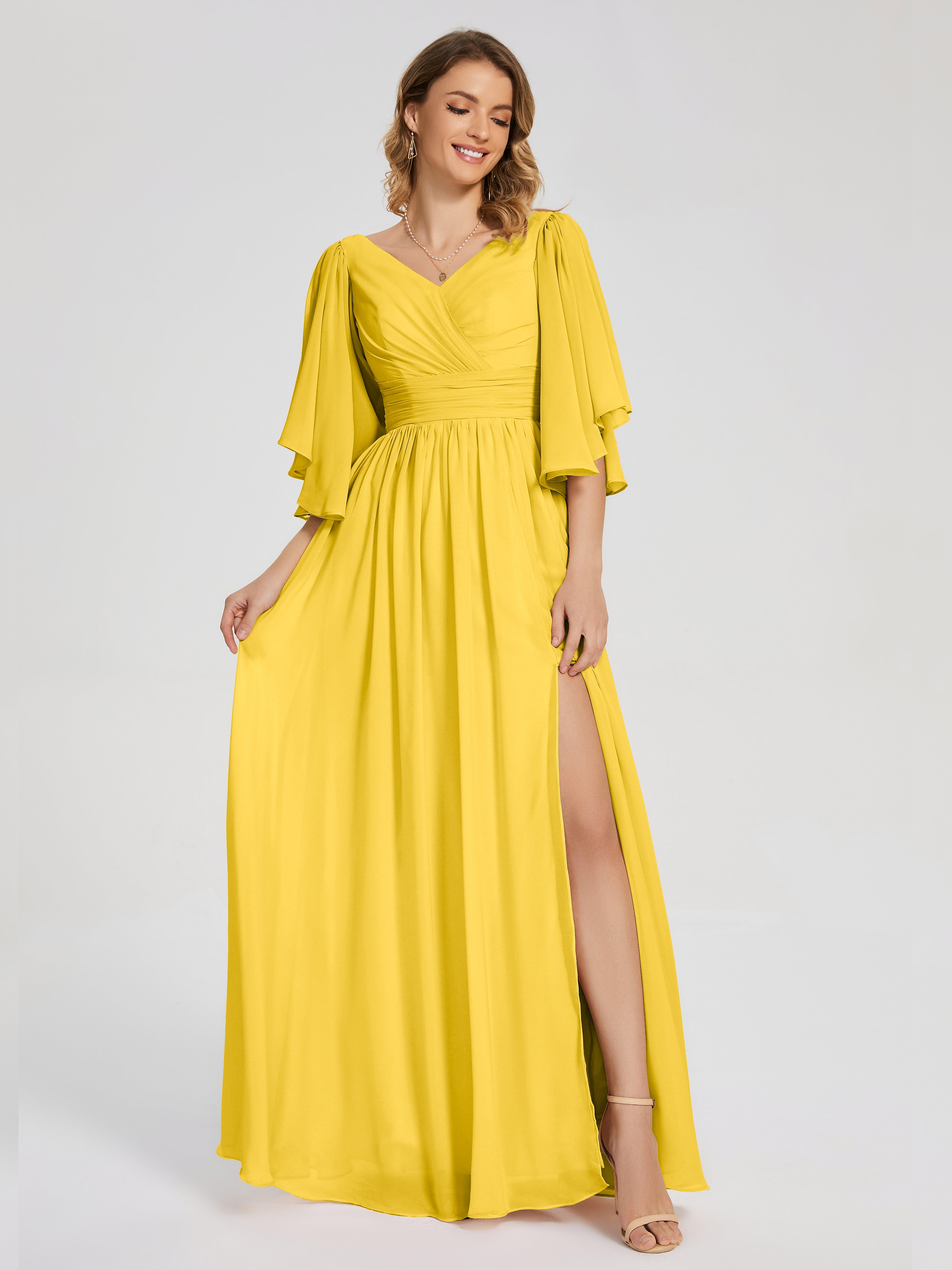 Robe De Demoiselle D'Honneur Souci Demi Manches Mousseline Robes Demoiselle D'Honneur À Lacet
