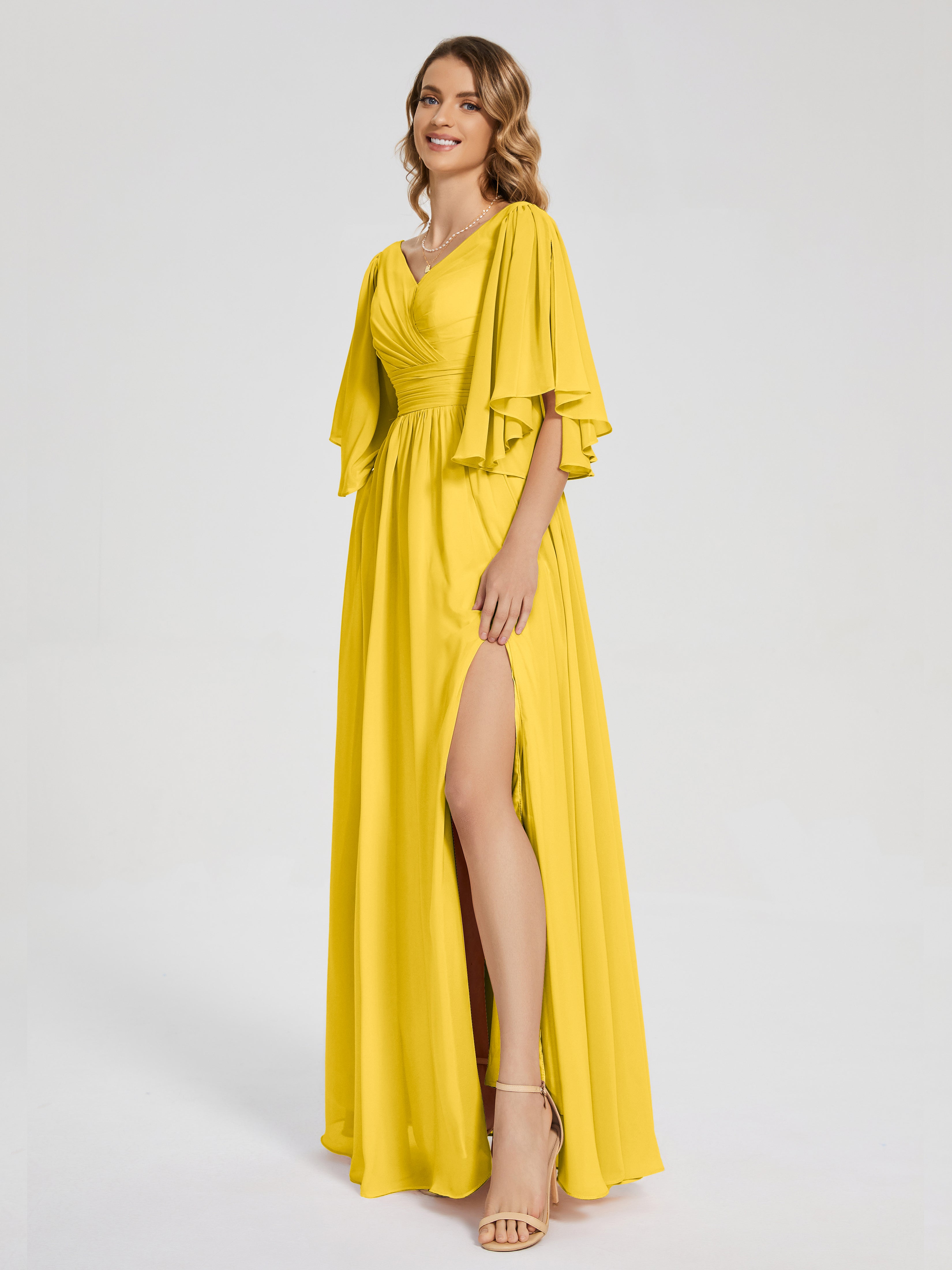Robe De Demoiselle D'Honneur Souci Demi Manches Mousseline Robes Demoiselle D'Honneur À Lacet