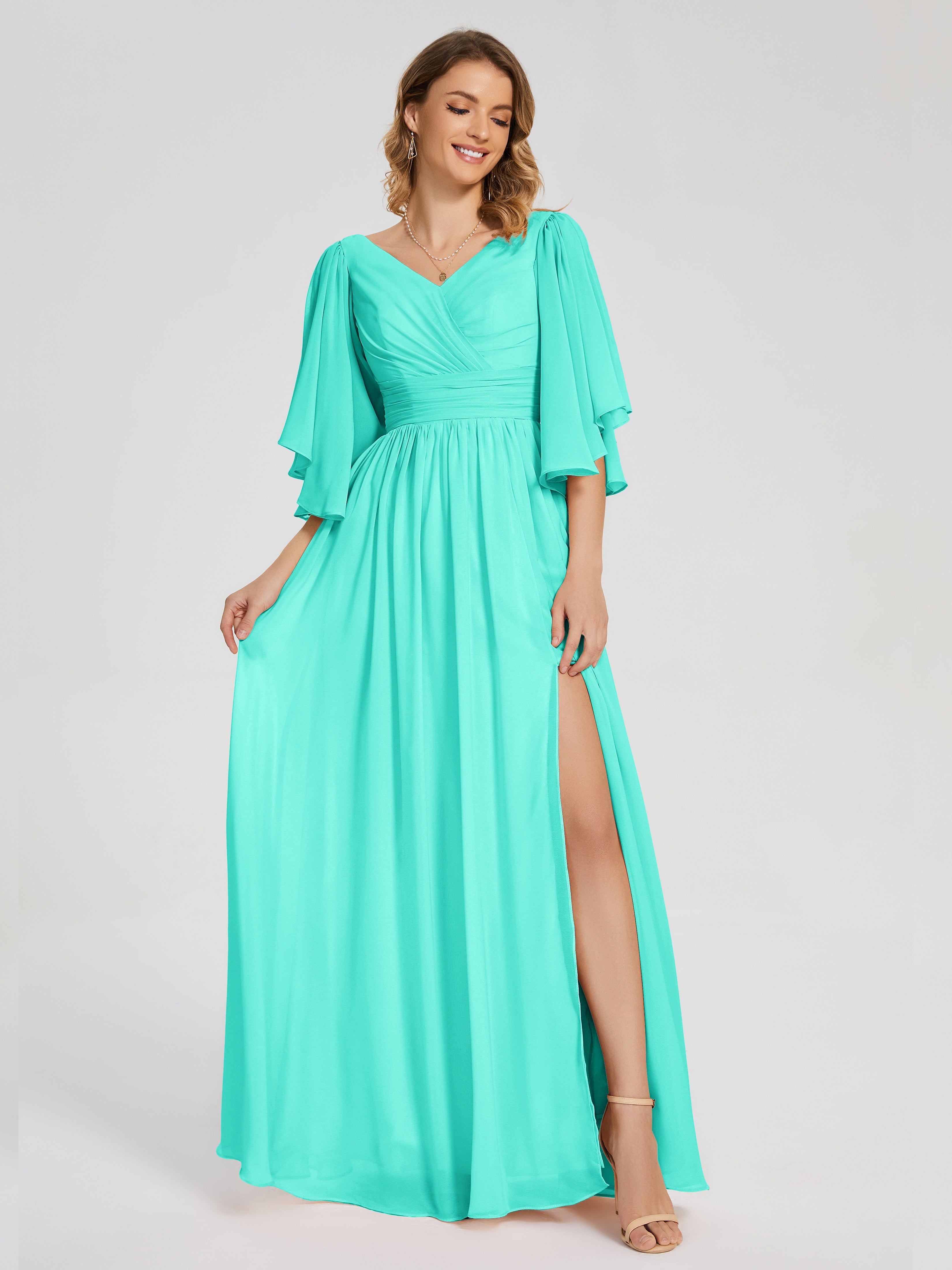 Robes De Demoiselle D'Honneur Spa Demi Manches Mousseline Robes Demoiselle D'Honneur À Lacet