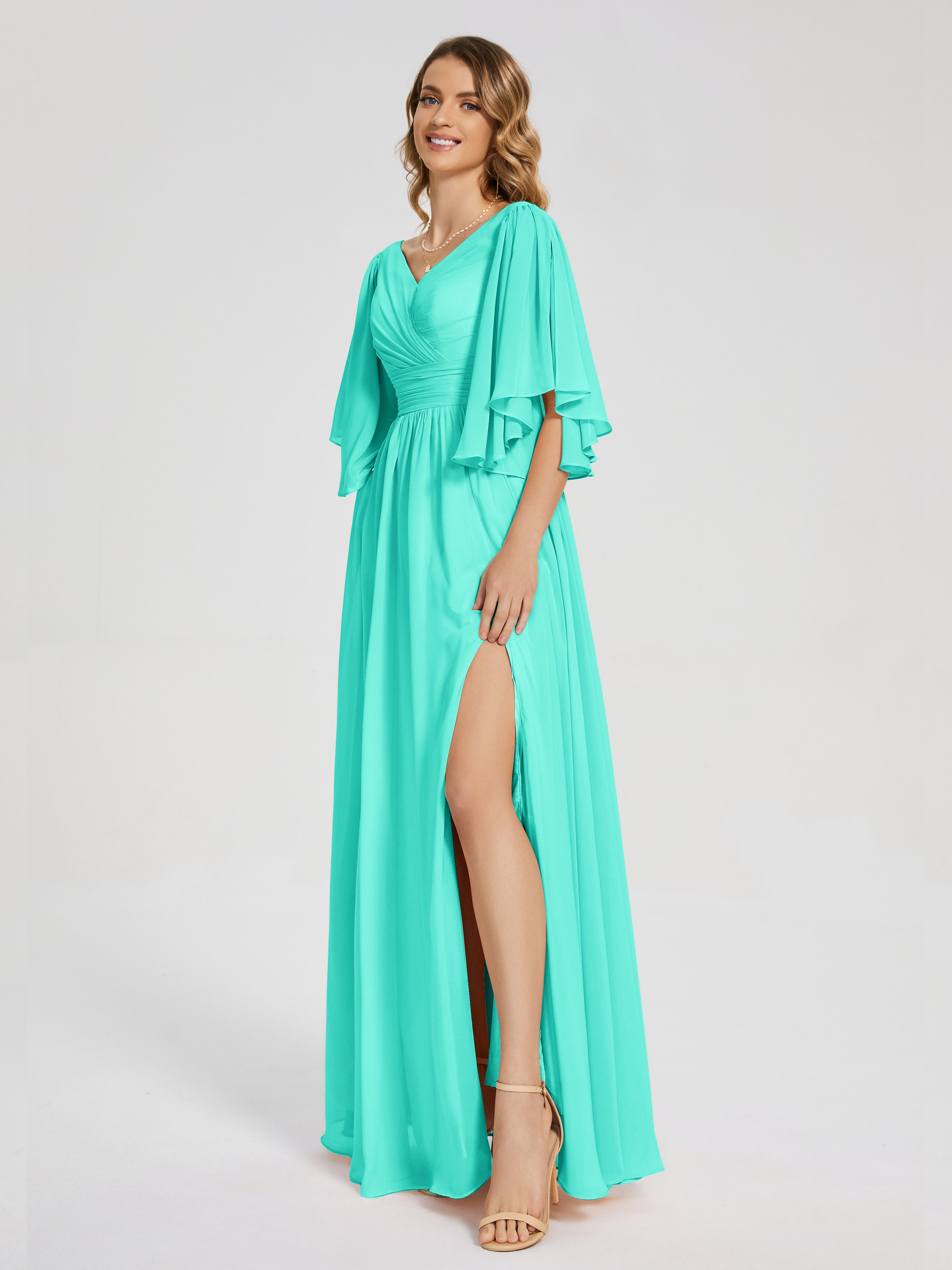 Robes De Demoiselle D'Honneur Spa Demi Manches Mousseline Robes Demoiselle D'Honneur À Lacet