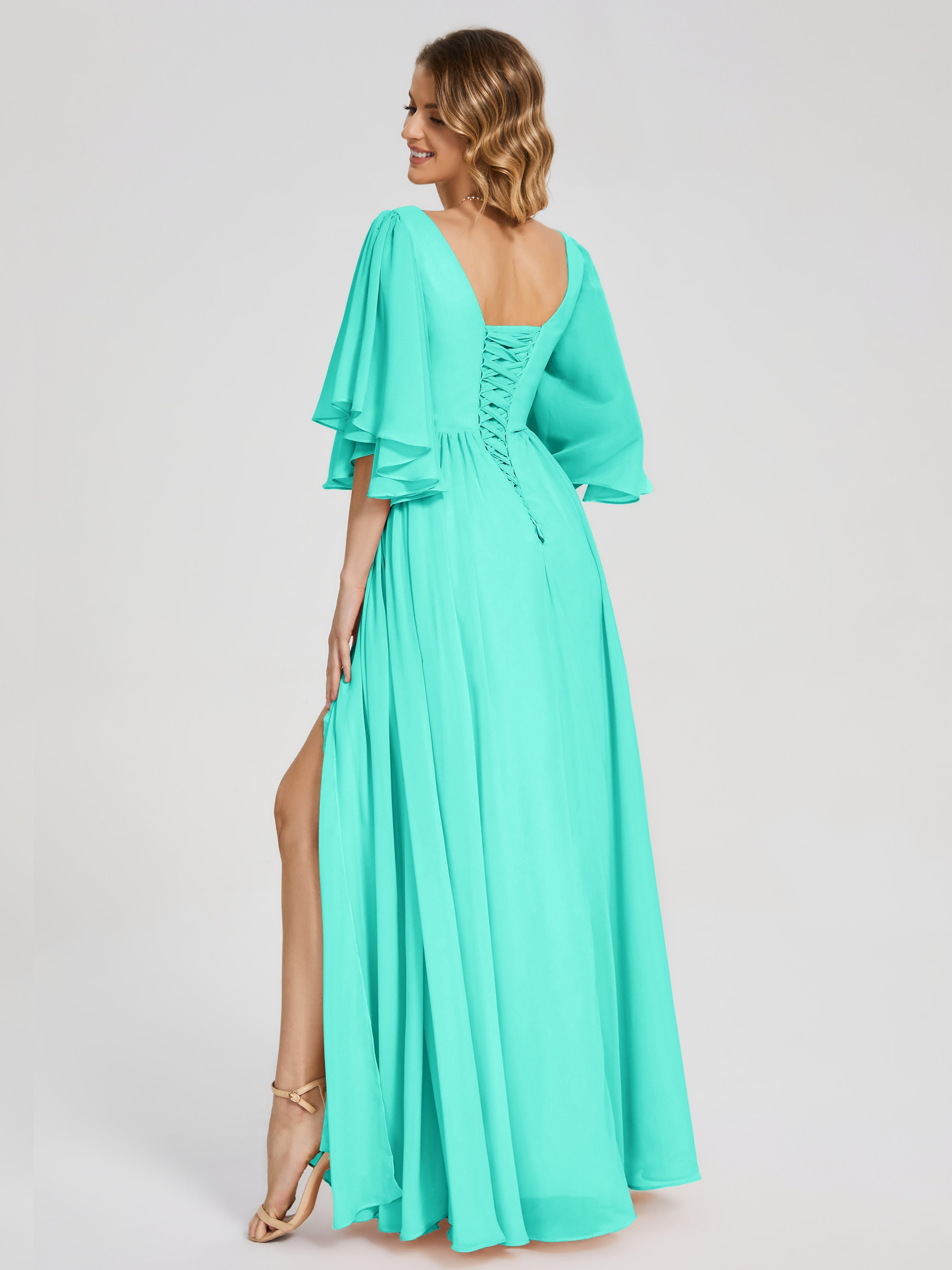Robes De Demoiselle D'Honneur Spa Demi Manches Mousseline Robes Demoiselle D'Honneur À Lacet