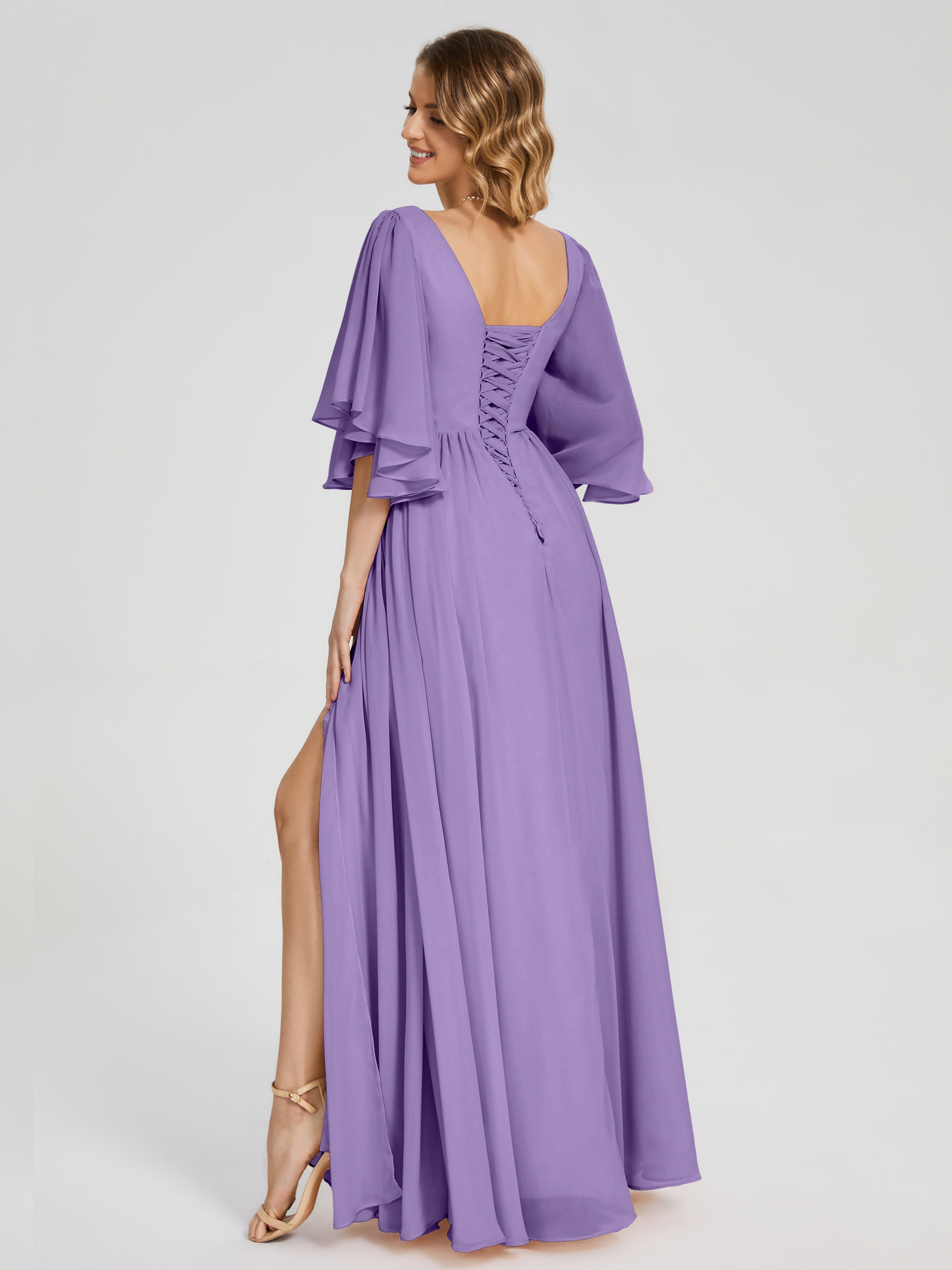 Robes De Demoiselle D'Honneur Tahiti Demi Manches Mousseline Robes Demoiselle D'Honneur À Lacet