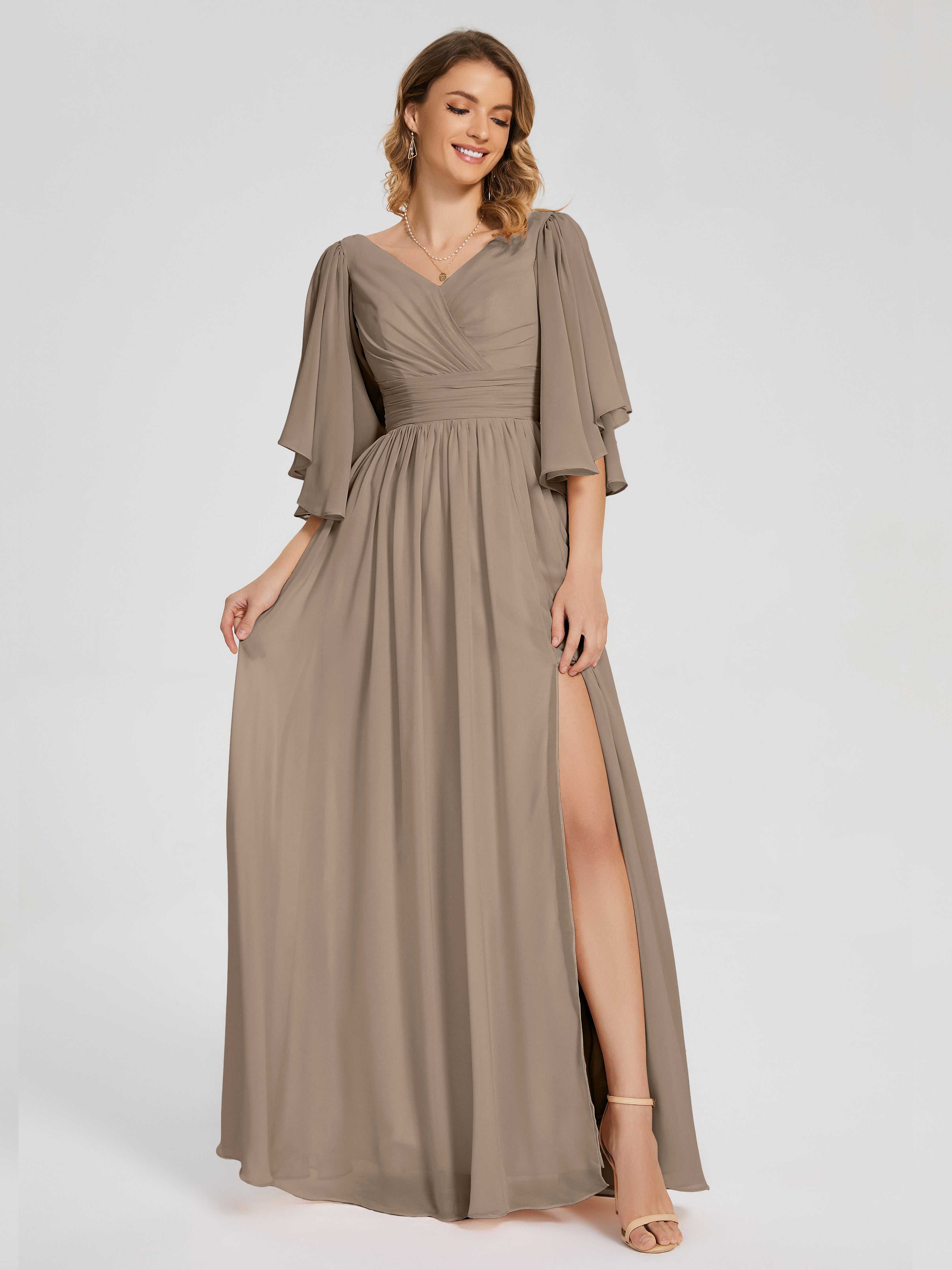 Couleur Taupe Robe Demi Manches Mousseline Robes Demoiselle D'Honneur À Lacet