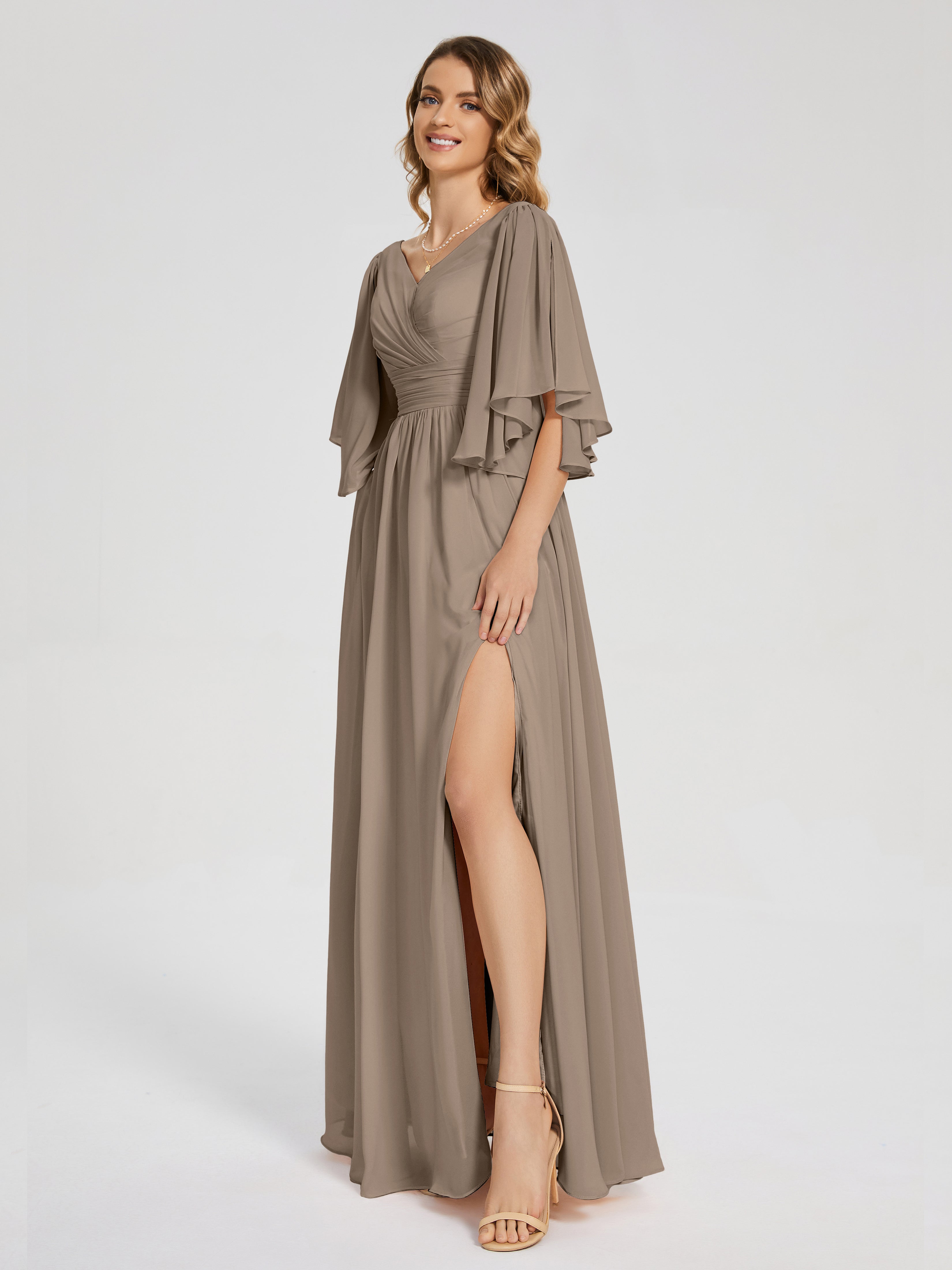 Couleur Taupe Robe Demi Manches Mousseline Robes Demoiselle D'Honneur À Lacet