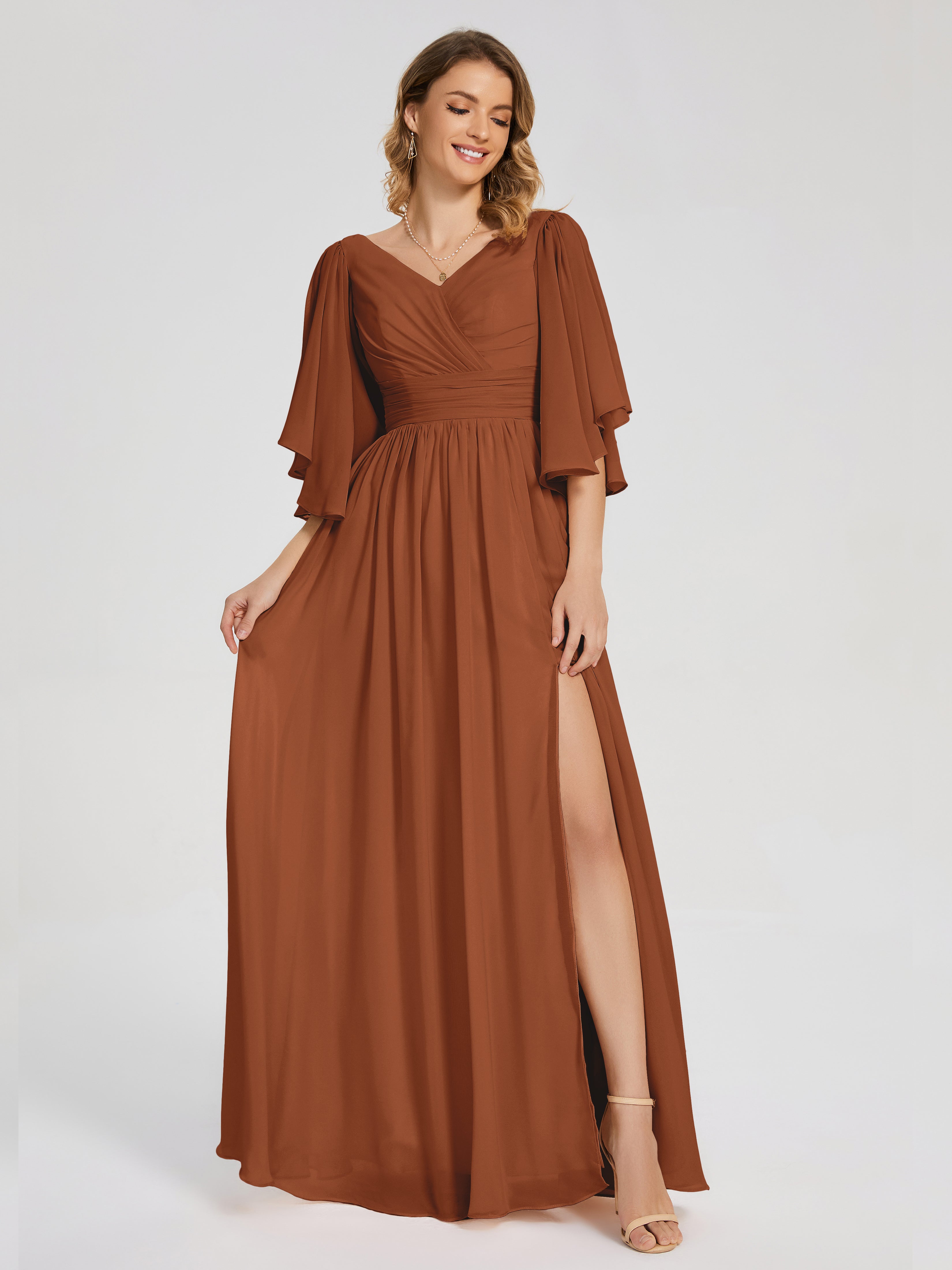 Robe Demoiselle D Honneur Terracota Demi Manches Mousseline Robes Demoiselle D'Honneur À Lacet