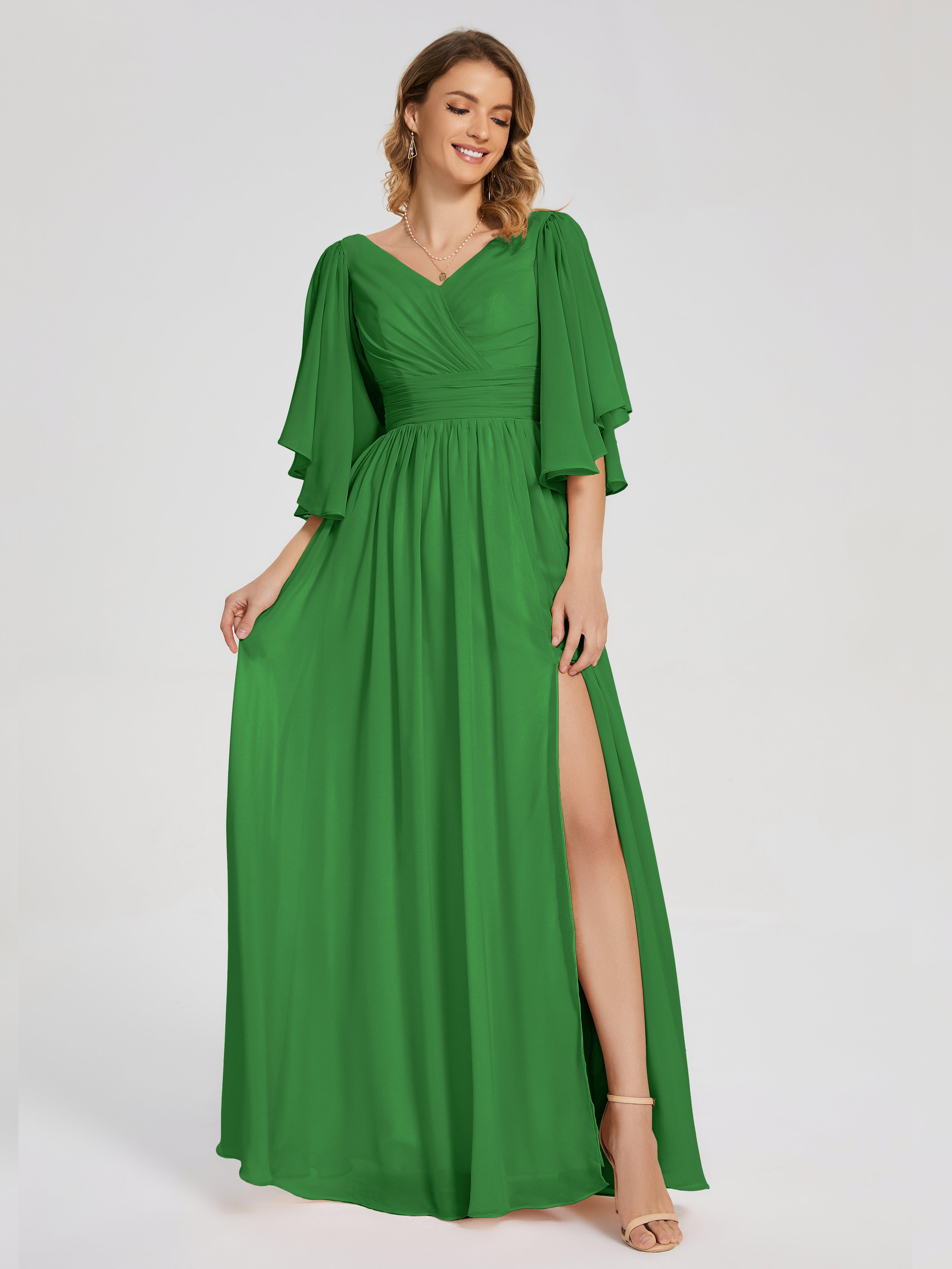 Robe Demoiselle D Honneur Vert Demi Manches Mousseline Robes Demoiselle D'Honneur À Lacet
