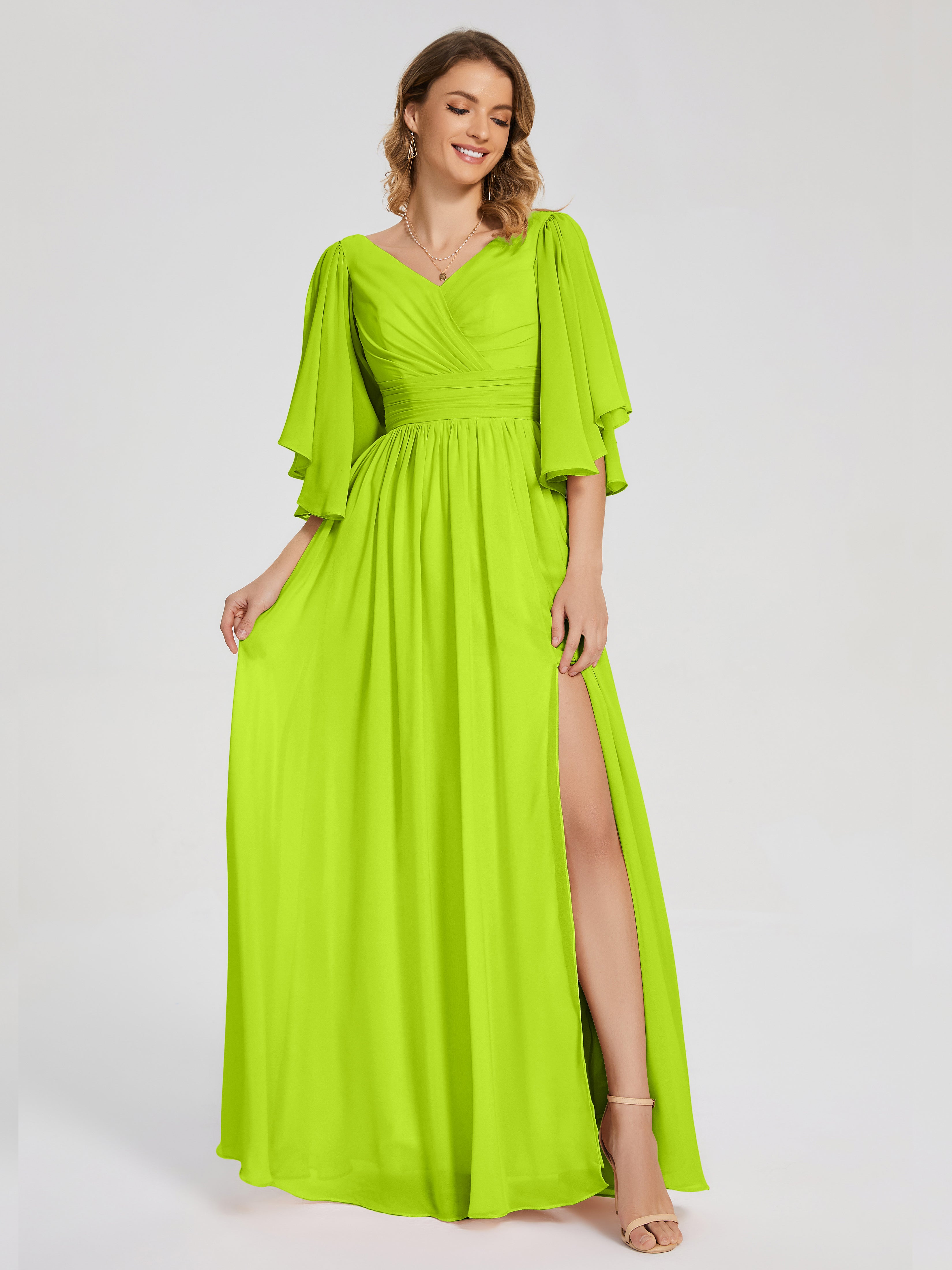 Robes De Demoiselle D'Honneur Vert Citron Demi Manches Mousseline Robes Demoiselle D'Honneur À Lacet