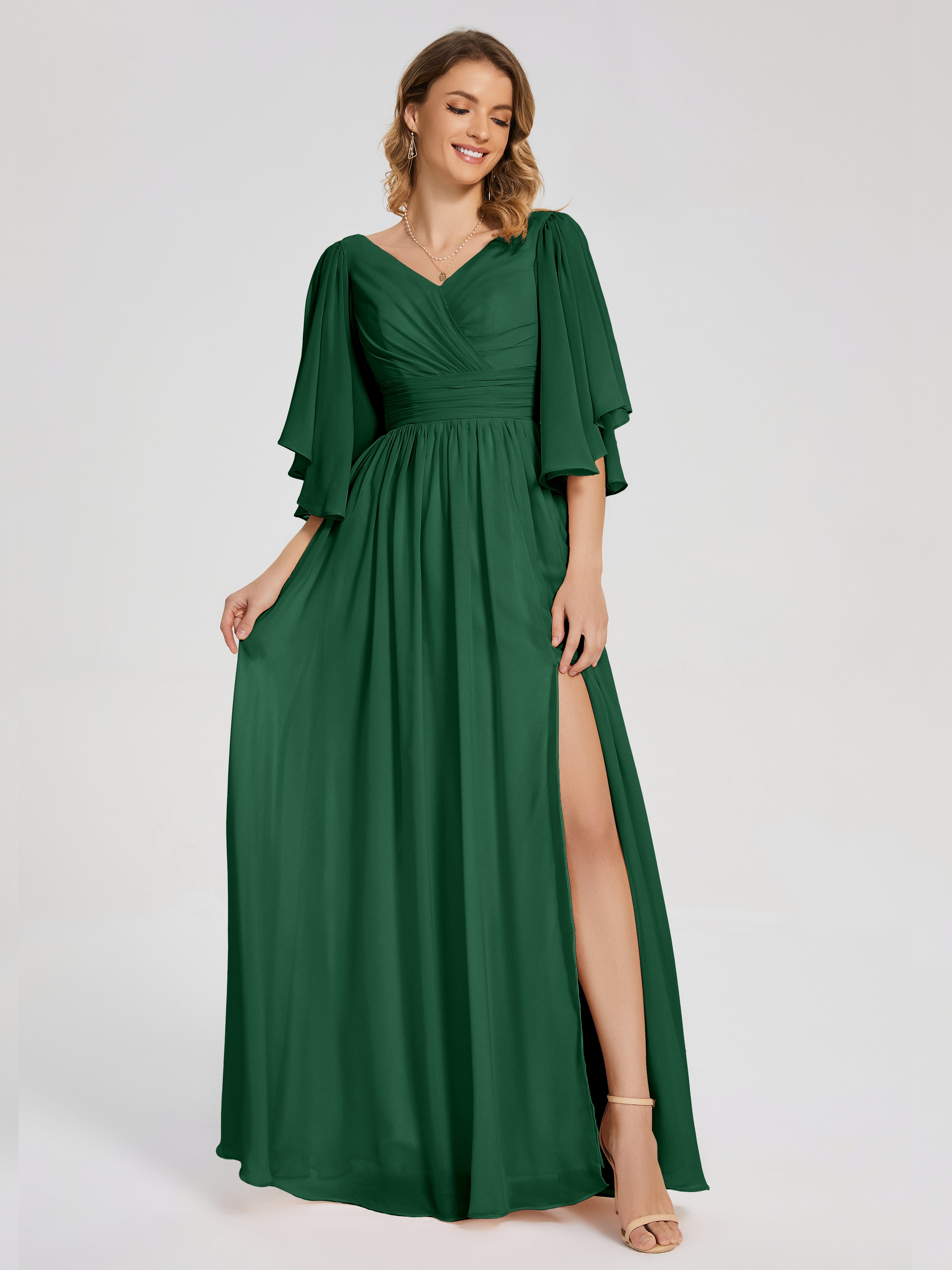 Robes De Demoiselle D'Honneur Vert Foncé Demi Manches Mousseline Robes Demoiselle D'Honneur À Lacet
