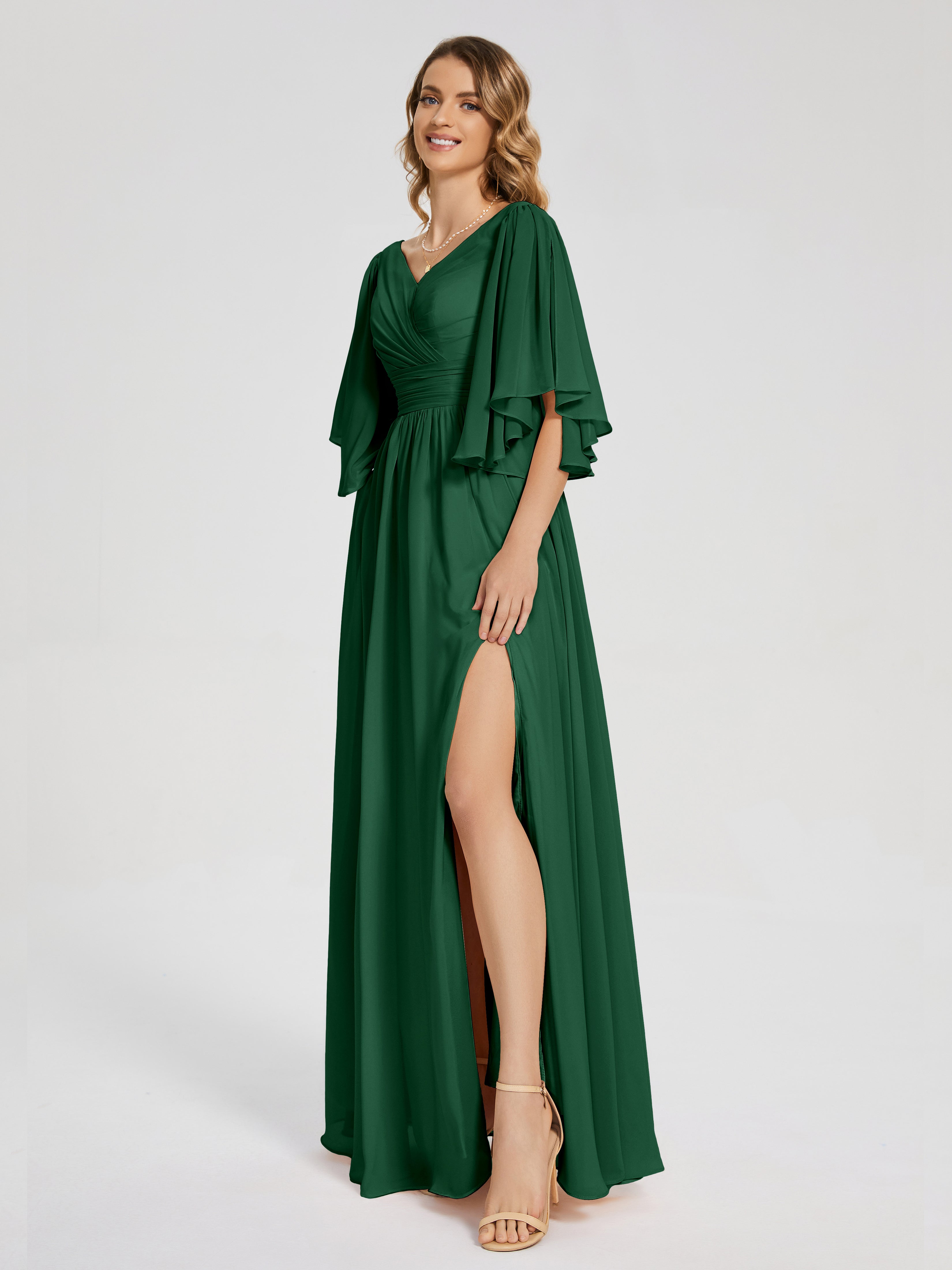 Robes De Demoiselle D'Honneur Vert Foncé Demi Manches Mousseline Robes Demoiselle D'Honneur À Lacet