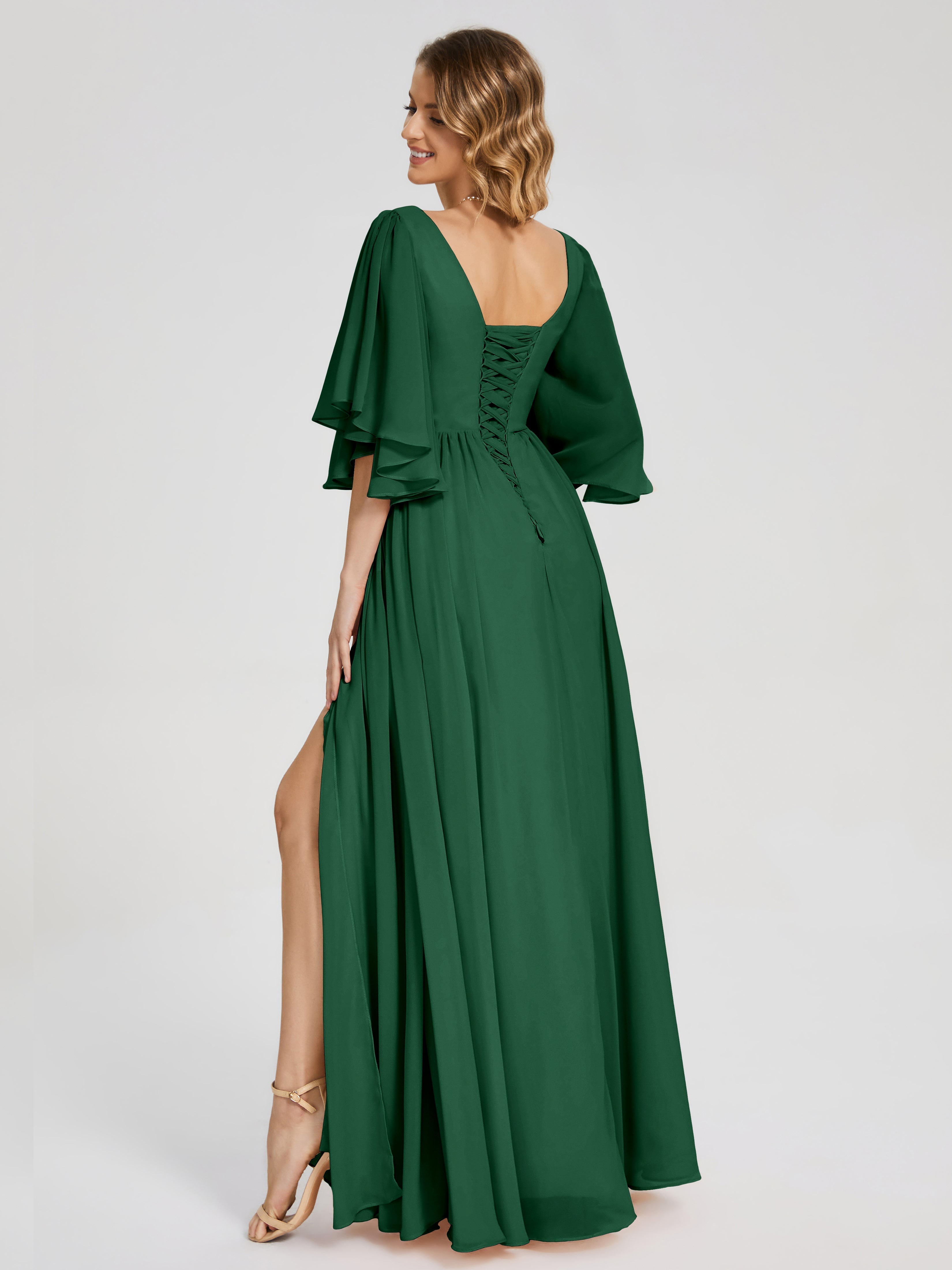 Robes De Demoiselle D'Honneur Vert Foncé Demi Manches Mousseline Robes Demoiselle D'Honneur À Lacet