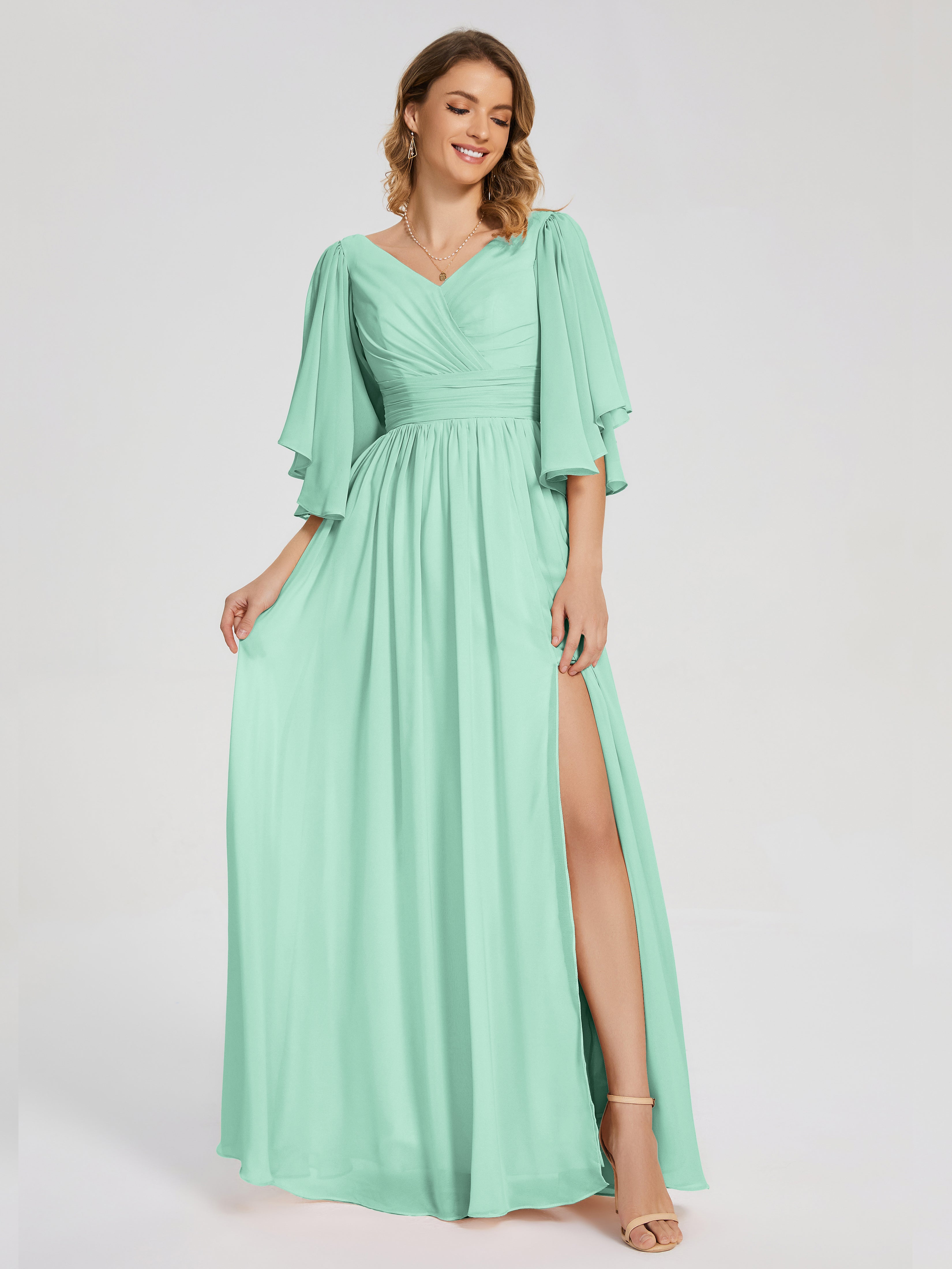 Robes De Demoiselle D'Honneur Vert Menthe Demi Manches Mousseline Robes Demoiselle D'Honneur À Lacet