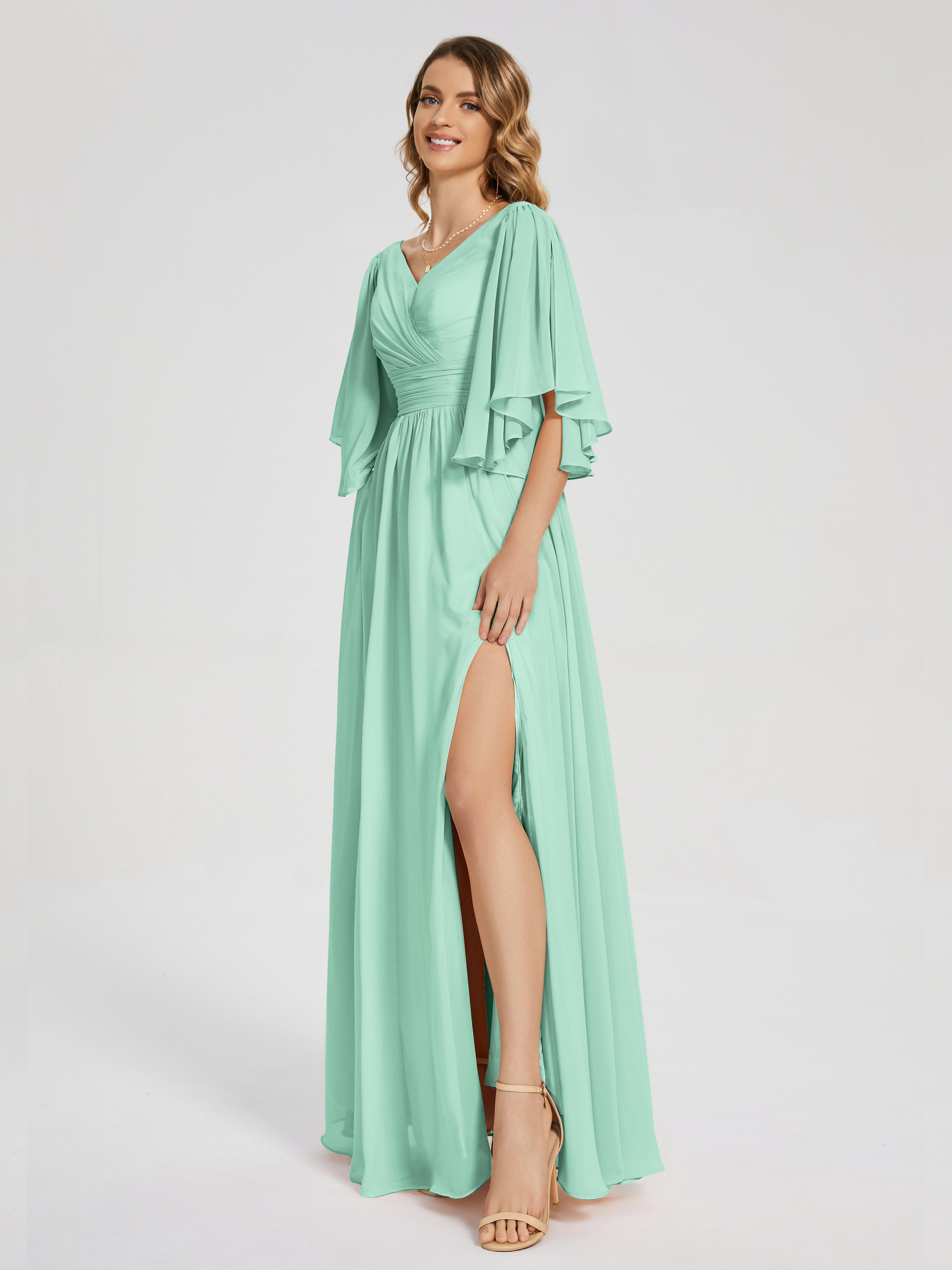 Robes De Demoiselle D'Honneur Vert Menthe Demi Manches Mousseline Robes Demoiselle D'Honneur À Lacet