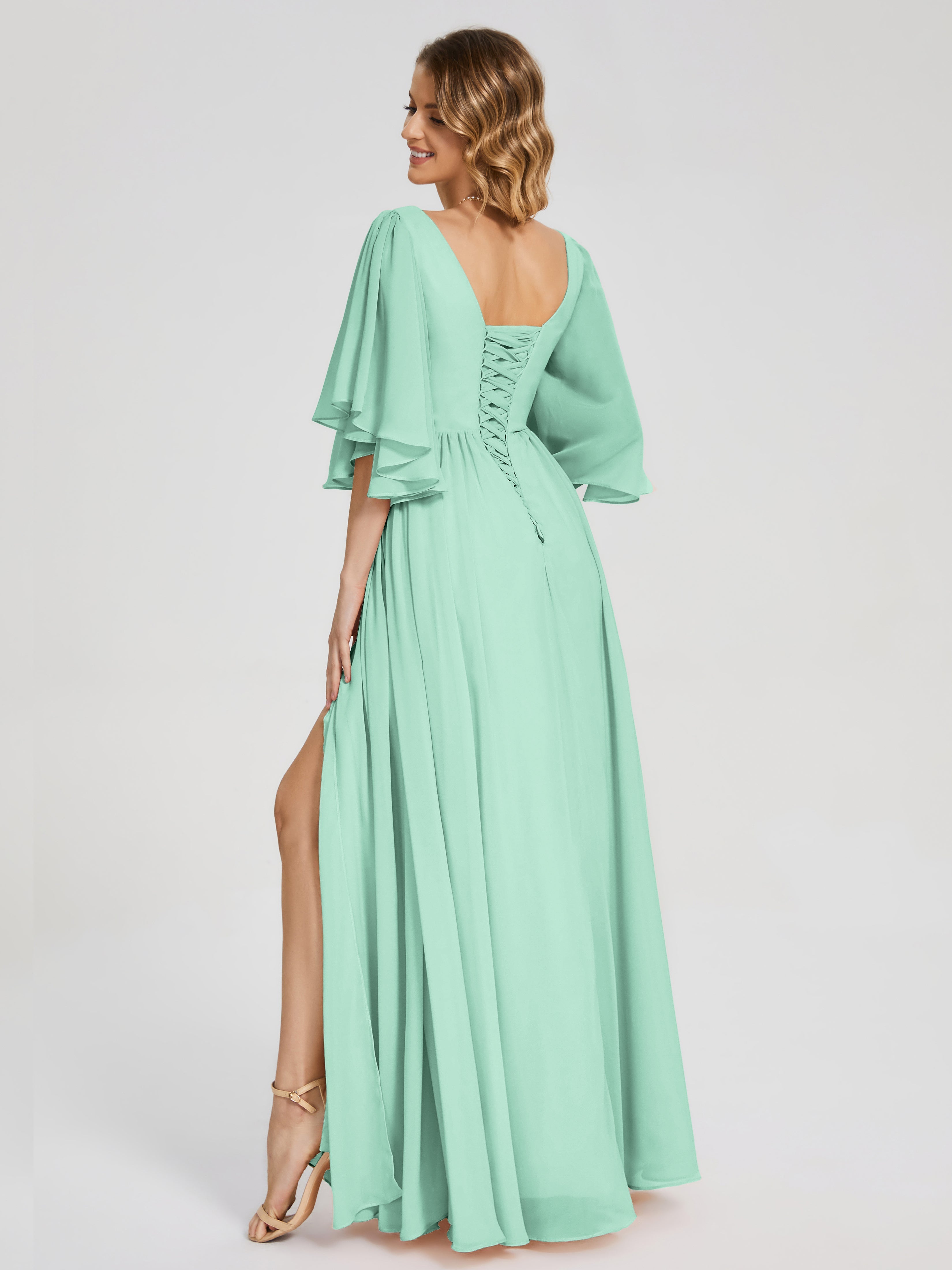 Robes De Demoiselle D'Honneur Vert Menthe Demi Manches Mousseline Robes Demoiselle D'Honneur À Lacet