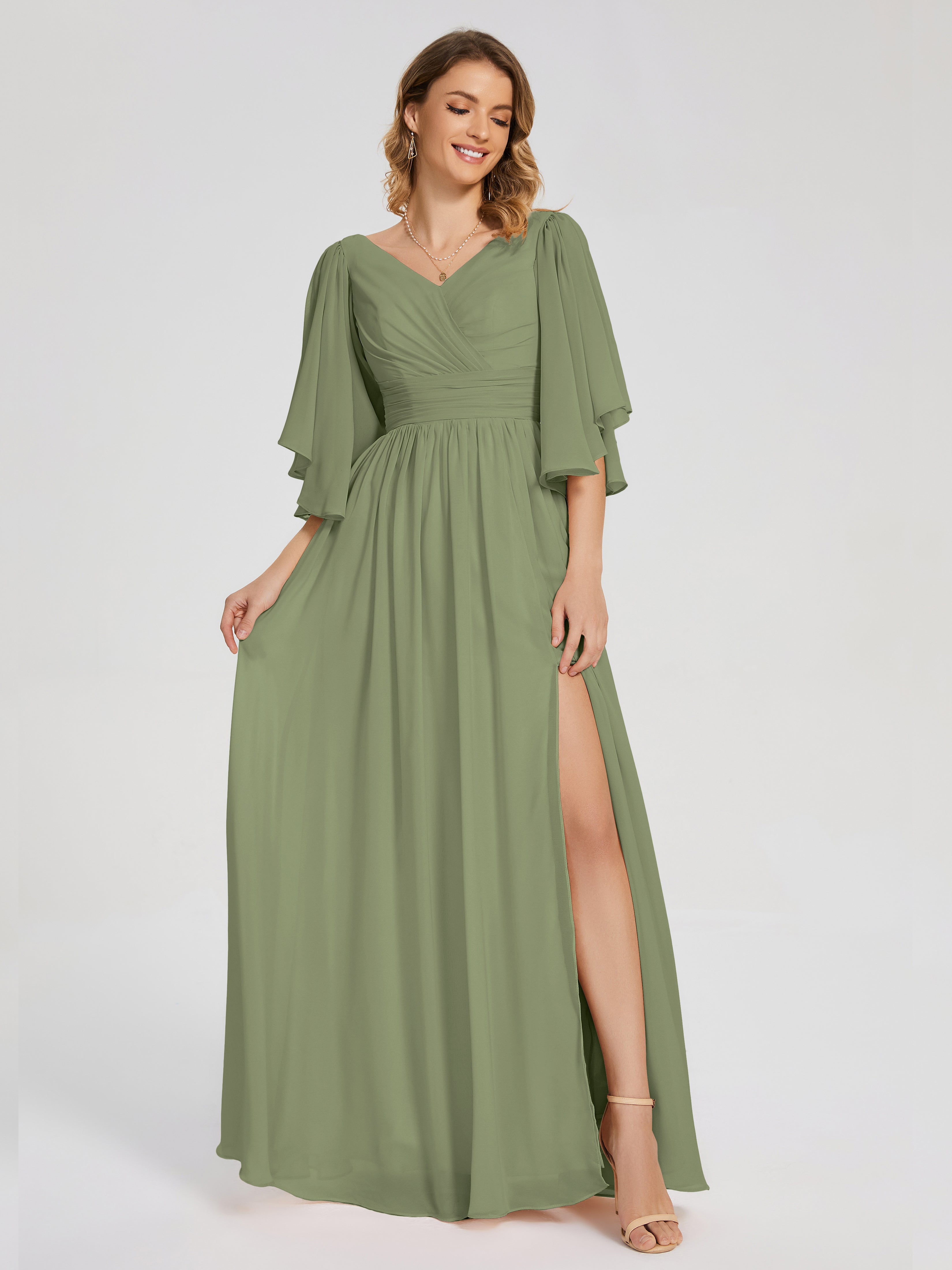 Robes De Demoiselle D'Honneur Olive Demi Manches Mousseline Robes Demoiselle D'Honneur À Lacet