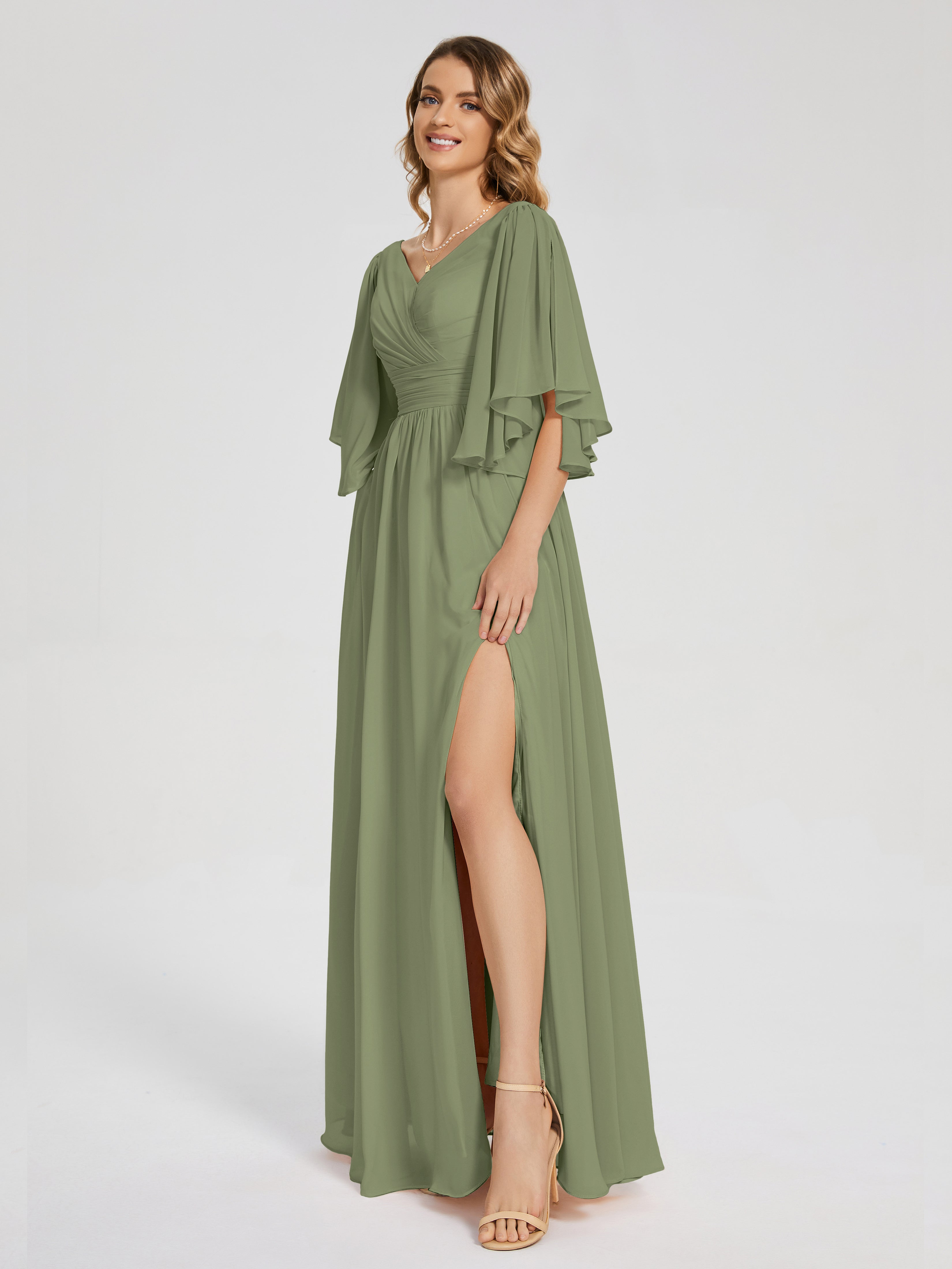 Robes De Demoiselle D'Honneur Olive Demi Manches Mousseline Robes Demoiselle D'Honneur À Lacet