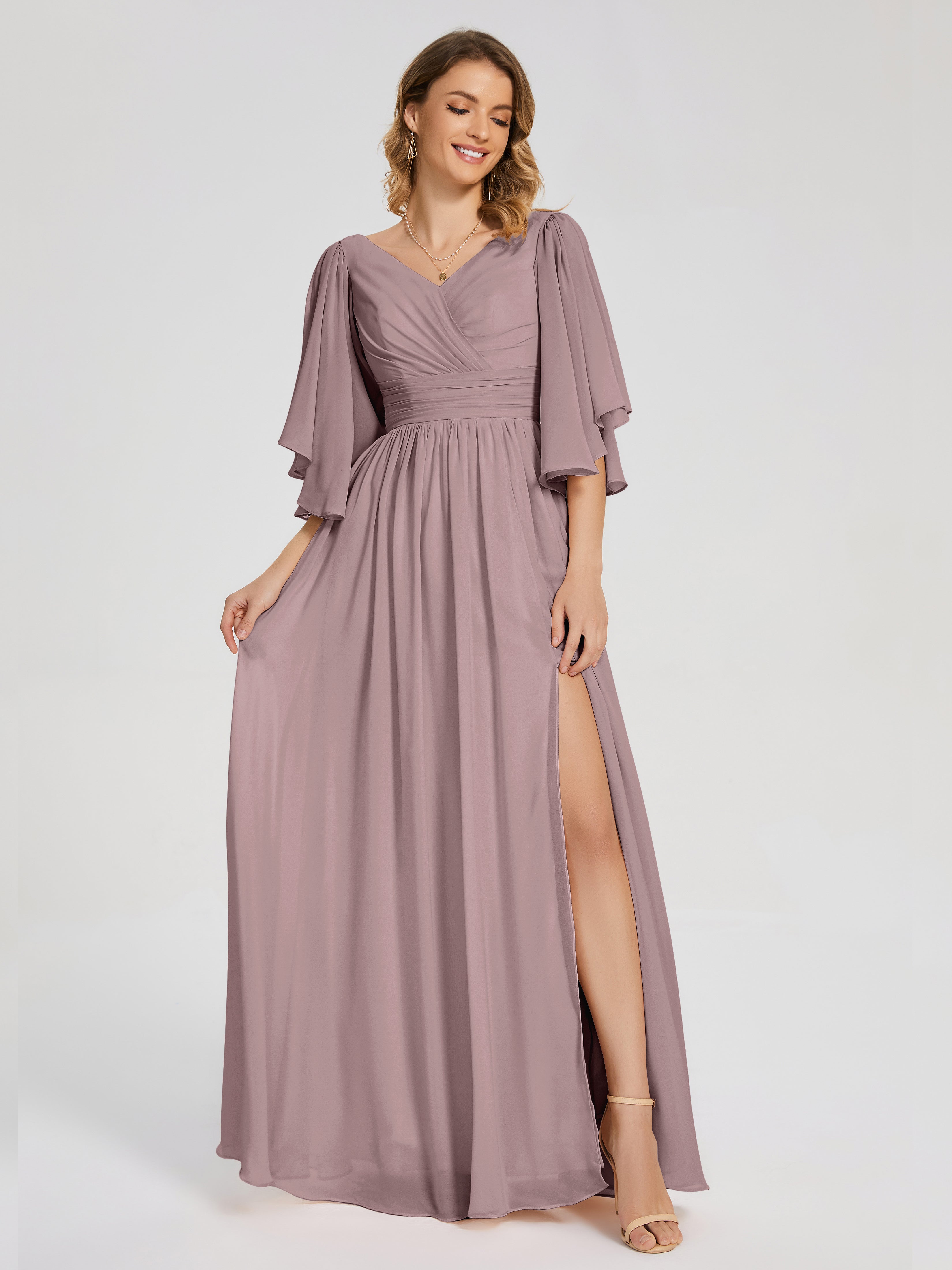 Robes De Demoiselle D'Honneur Vintage Mauve Demi Manches Mousseline Robes Demoiselle D'Honneur À Lacet