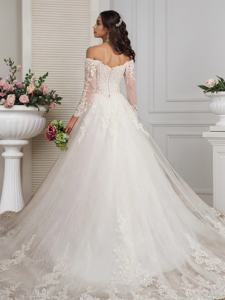 Cicinia Robe de Mariée Longue A-Line en Tulle Appliqués Épaules Dénudées à Manches Longues Magnifique